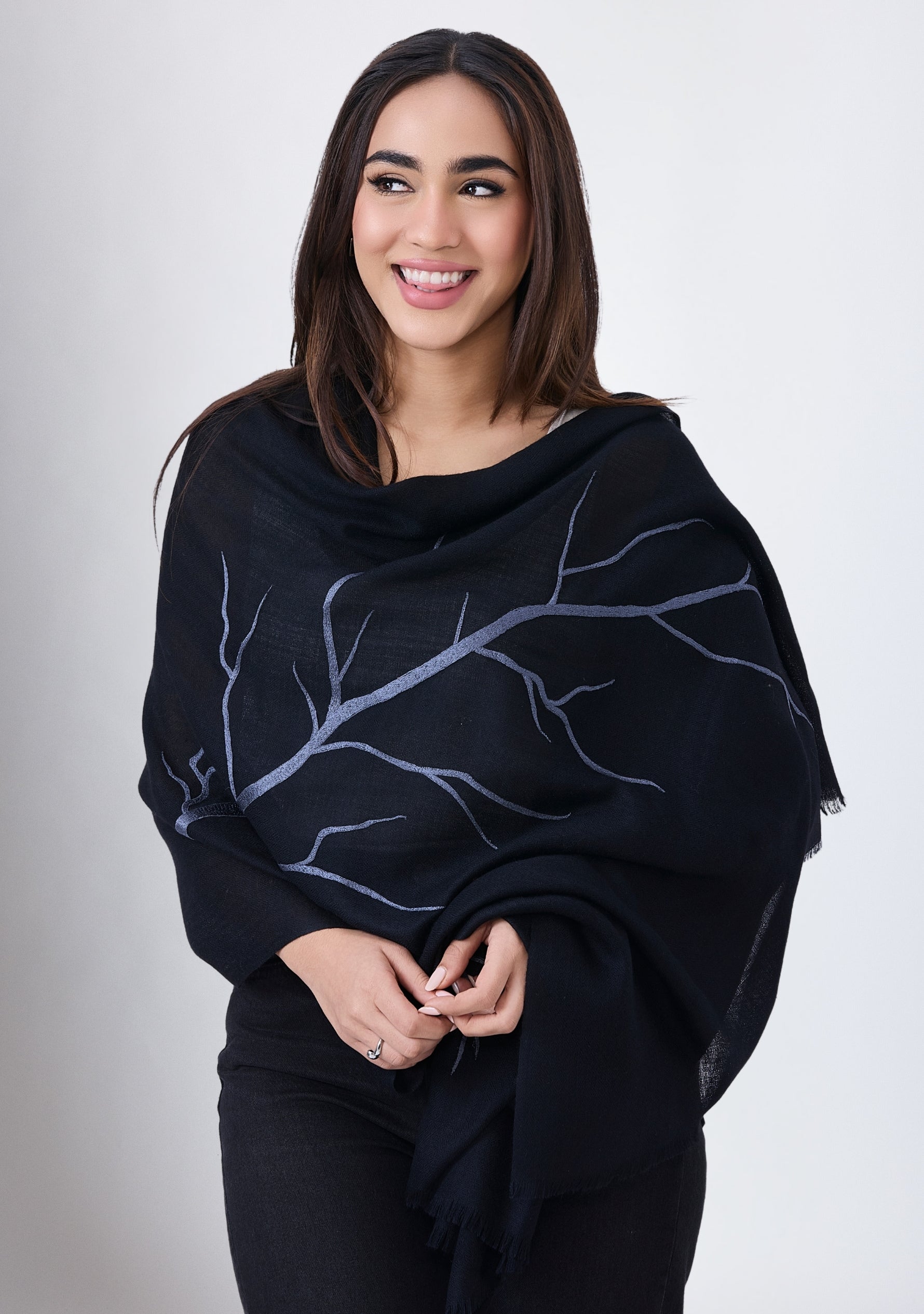 Black Cashmere ScarfSteel Gray Embroidery