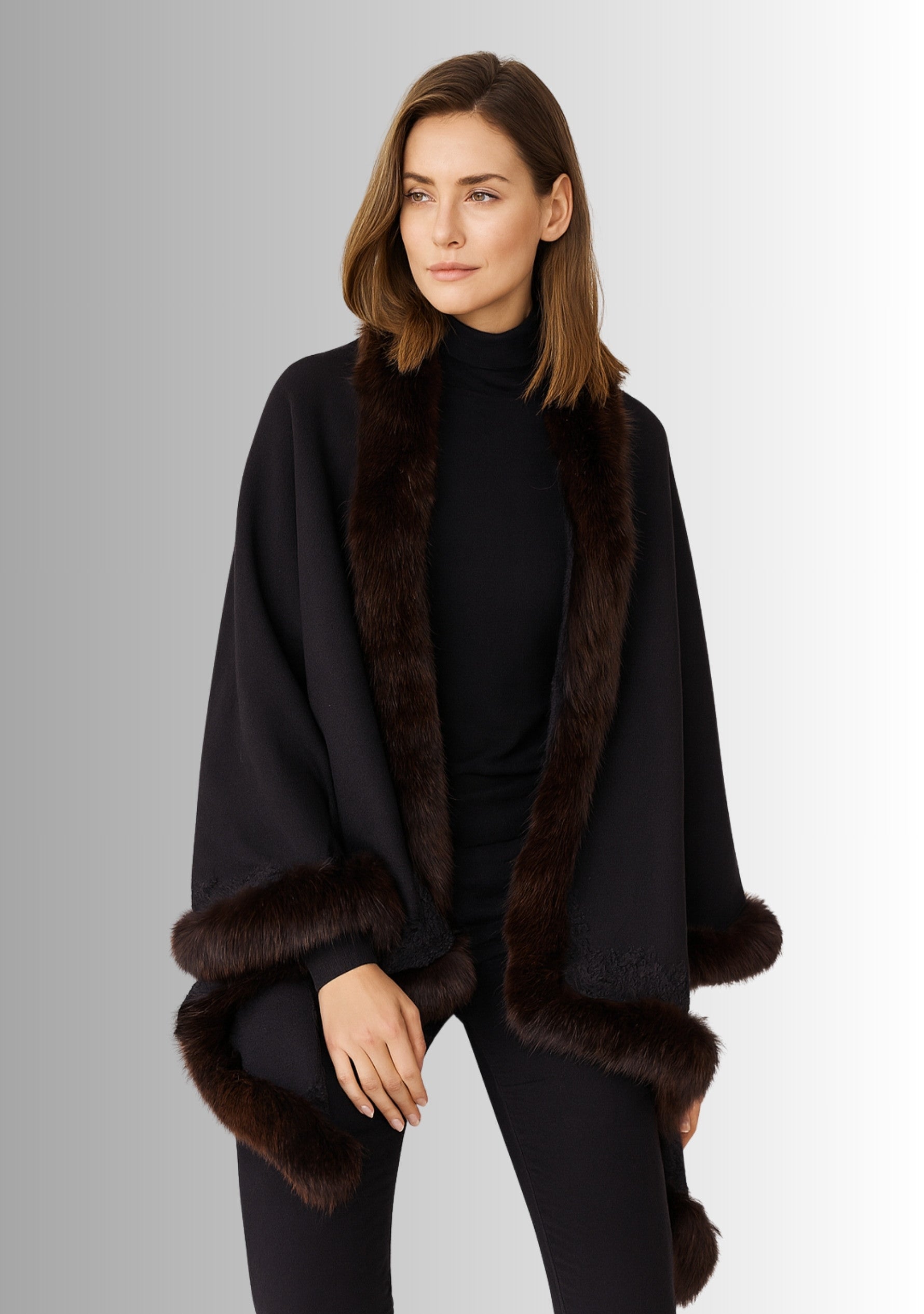 Black Cashmere Stole Brown Fox Fur & Black Floral Lace