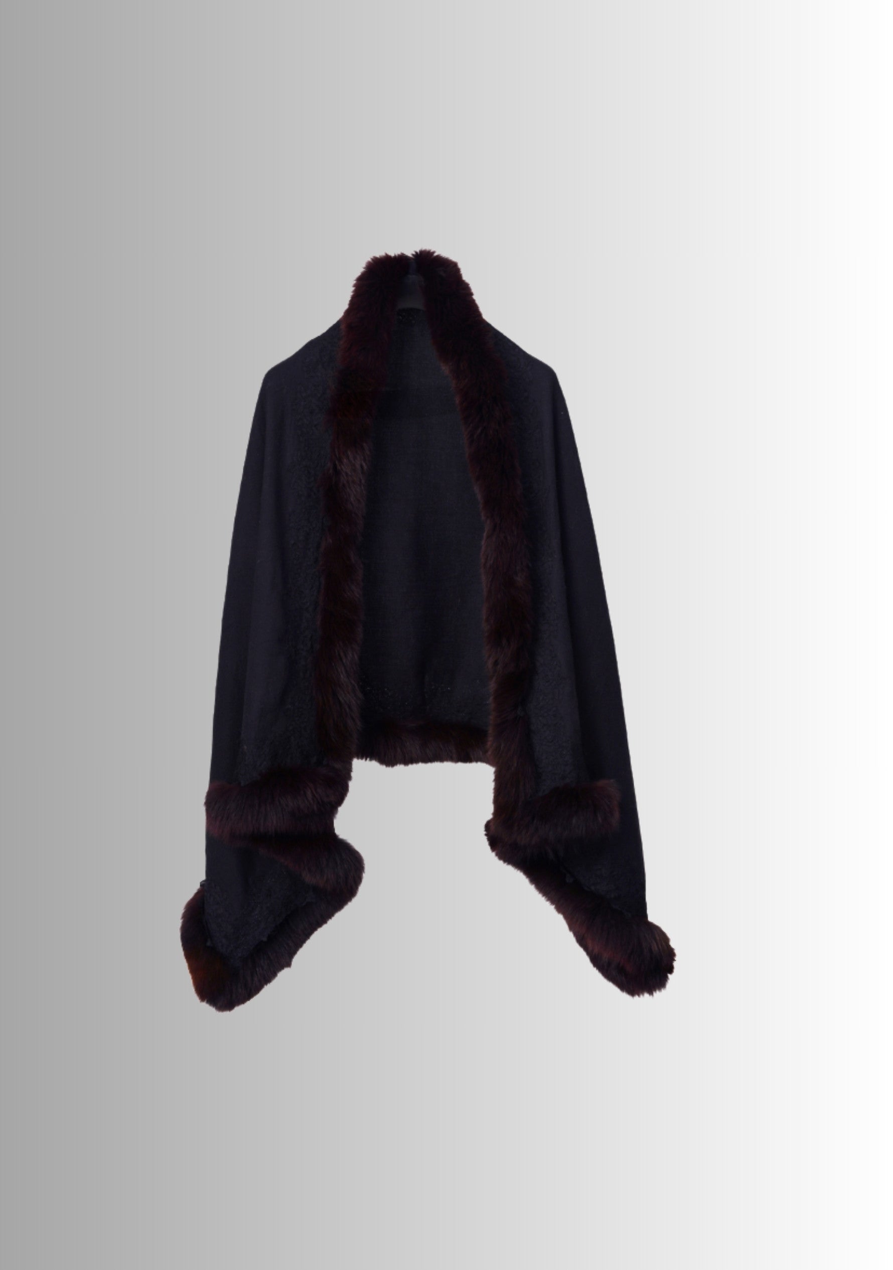 Black Cashmere Stole Brown Fox Fur & Black Floral Lace