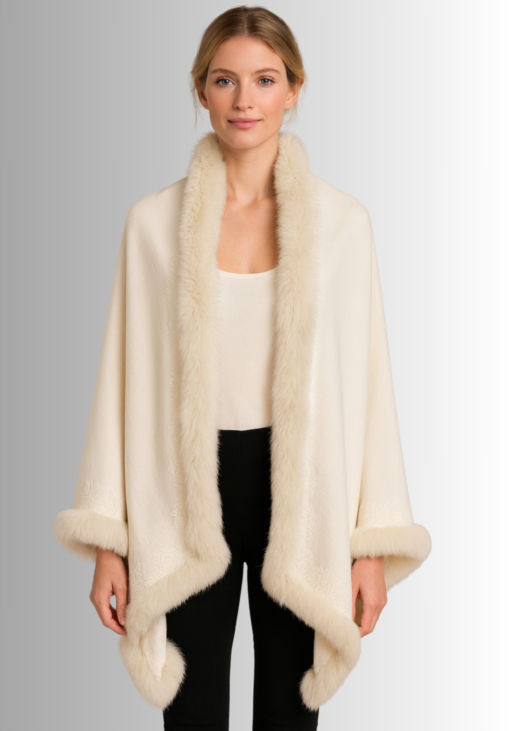 Ivory Cashmere Stole Ivory Fox Fur & Floral Lace
