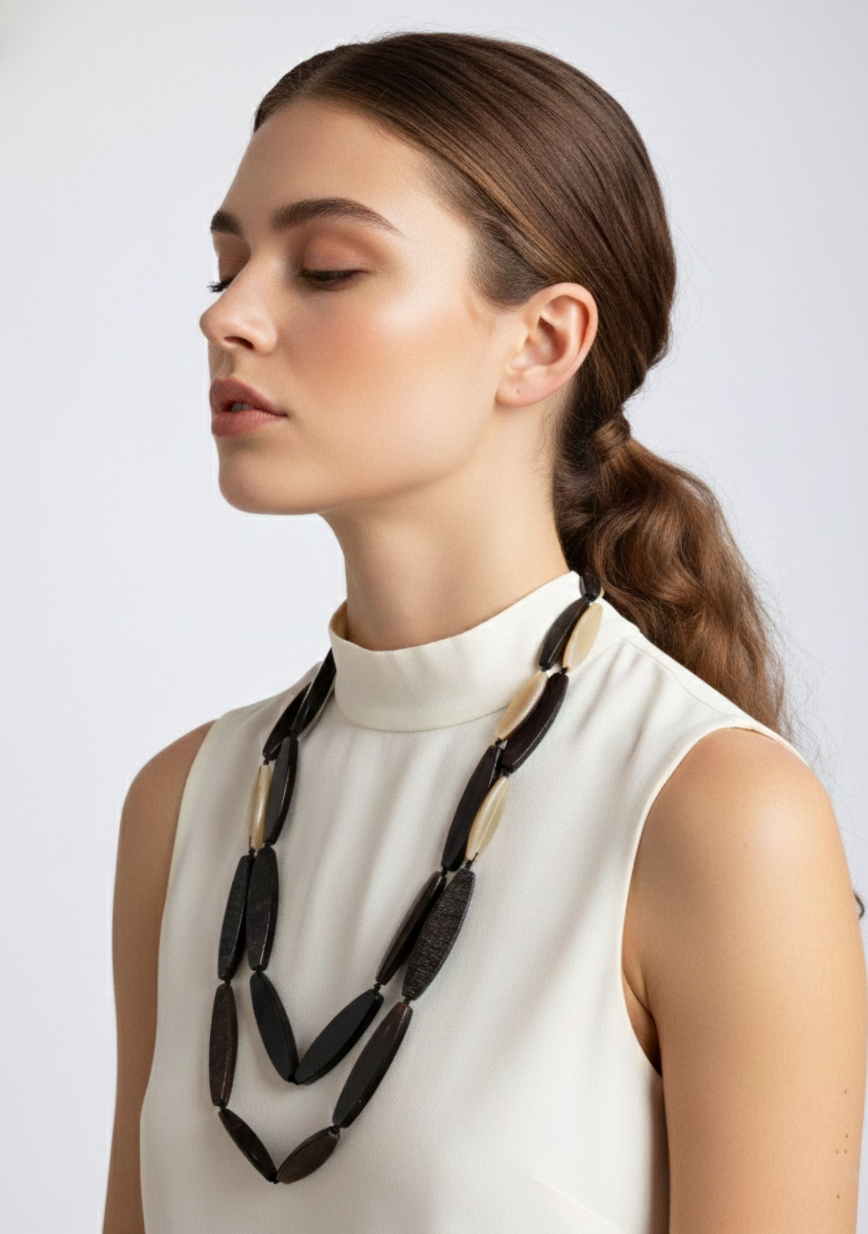 Double-Layer Oblong Dark Brown-Natural Buffalo Horn Necklace jewelry