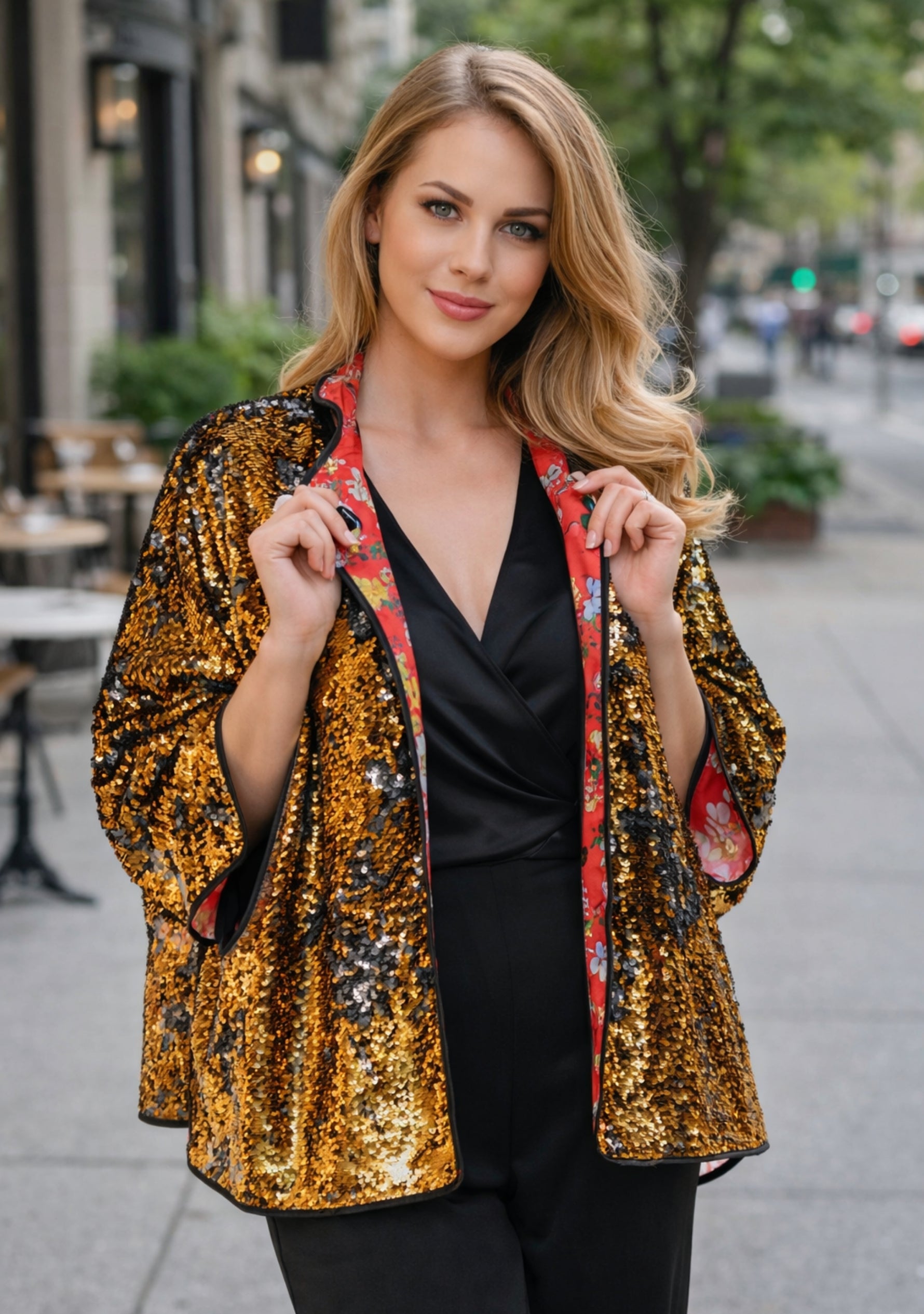 Gold Silver Sequin Jacket Black Faux Leather Trims
