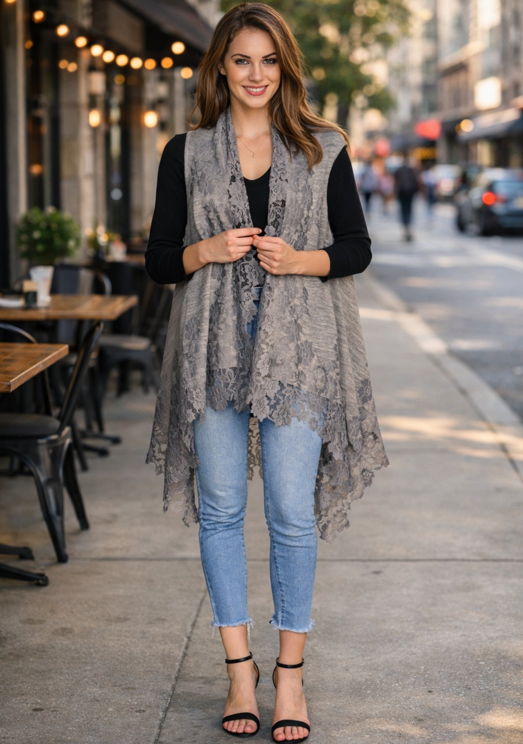 Taupe Melange Wool Sleeveless Jacket Mousse Lace