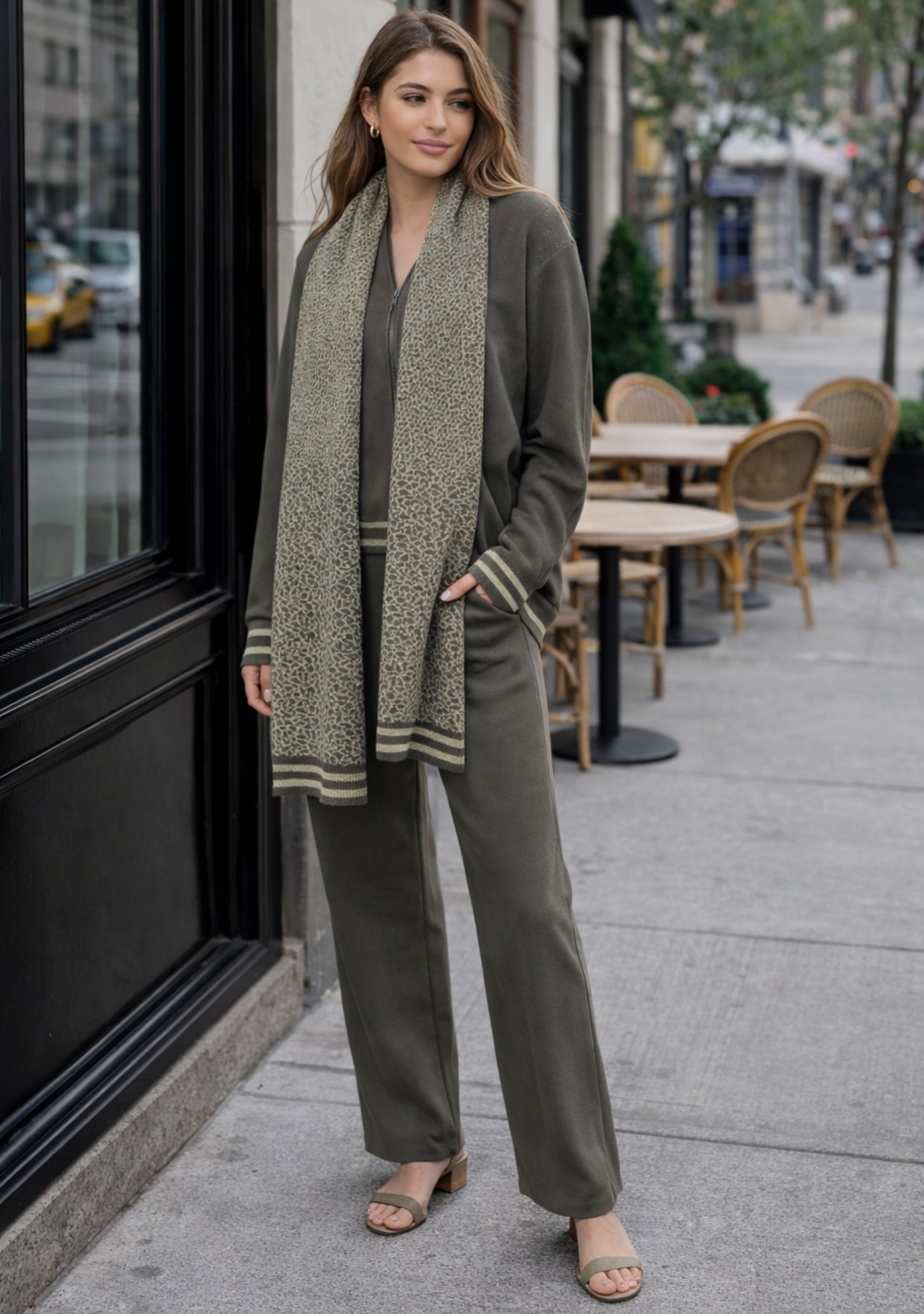 Dk. Olive & Frappe Leopard Jacquard Jacket and Dk. Olive Pant Lounge Set