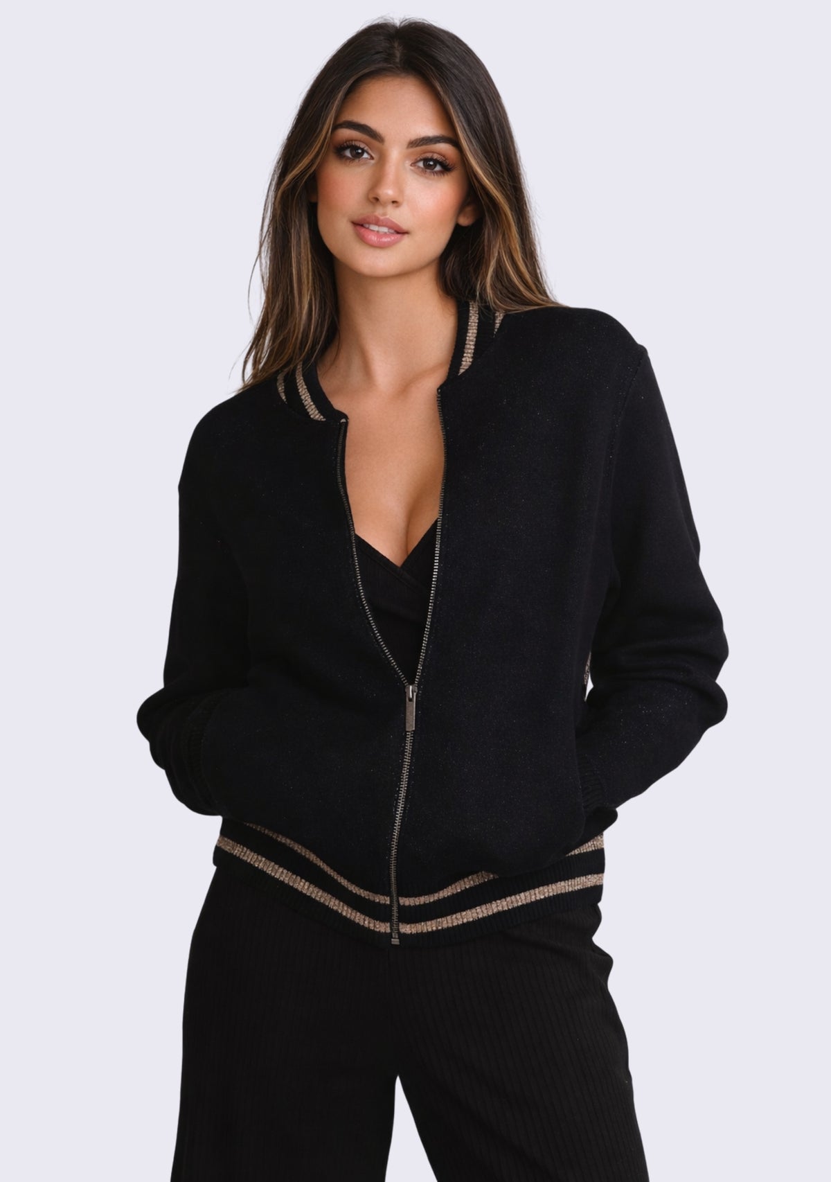Black & Tobacco Brown Leopard Jacquard Jacket and Black Pant Lounge Set