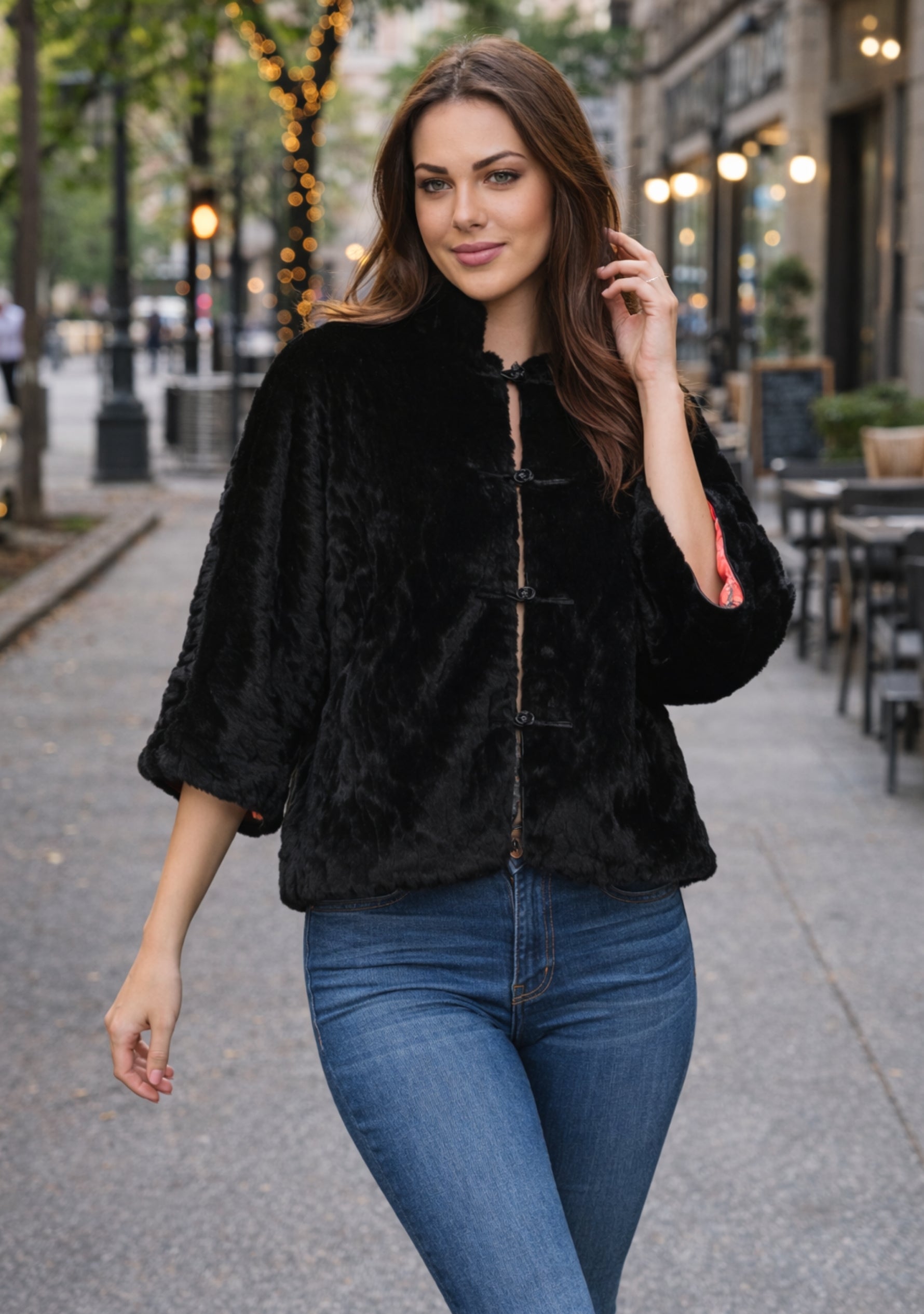 Black Faux Fur Jacket
Black Faux Leather Trims