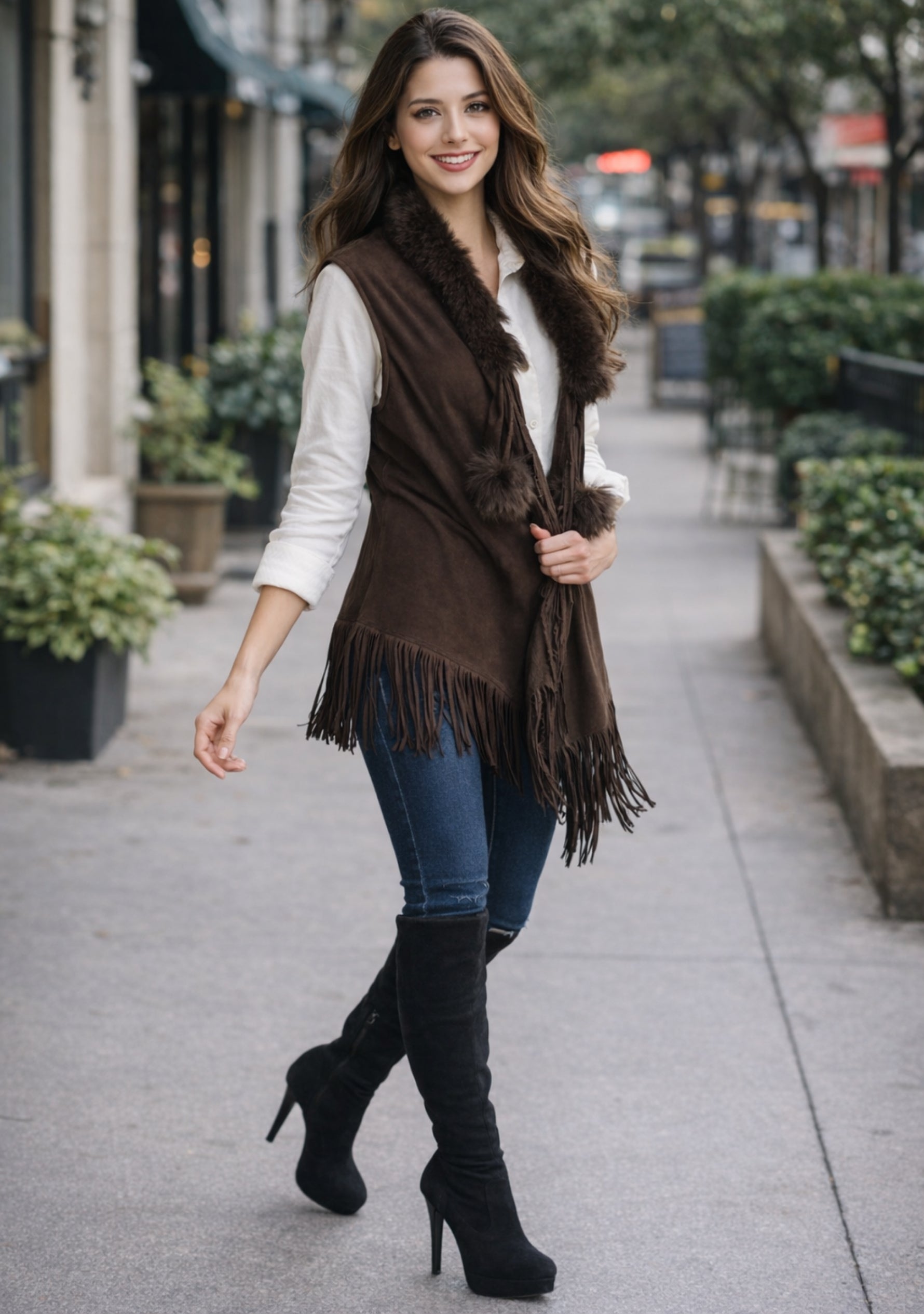 Chocolate Suede Leather Sleeveless Jacket
Chocolate Fur & Tassels