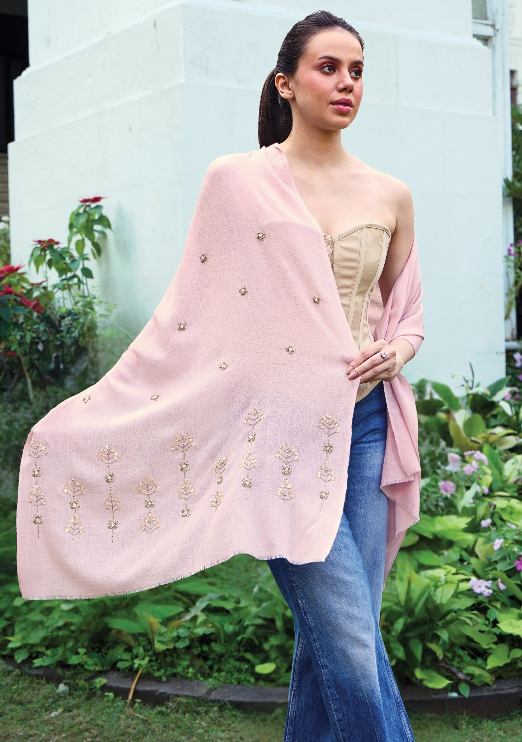 Pink Cashmere Scarf Metallic Bead & Sequin Embroidery