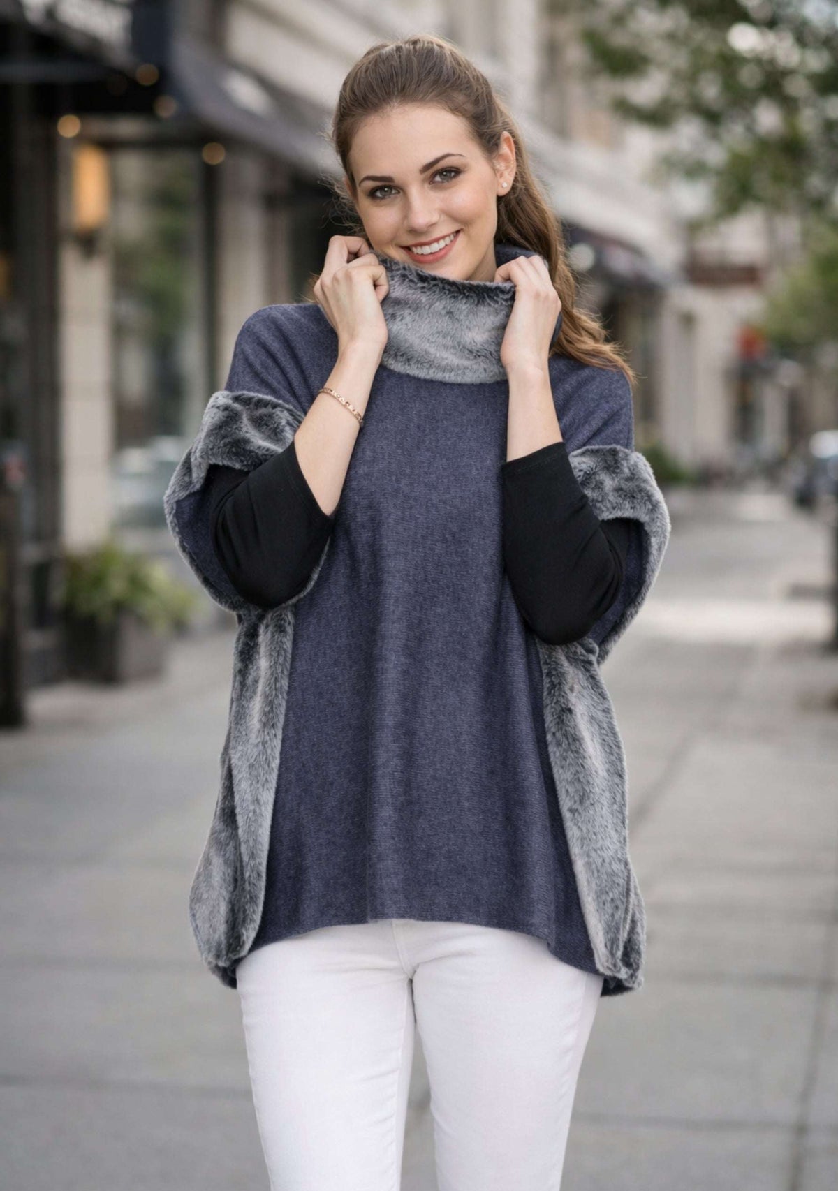 Denim Blue Melange Wool Poncho Gray Faux Fur