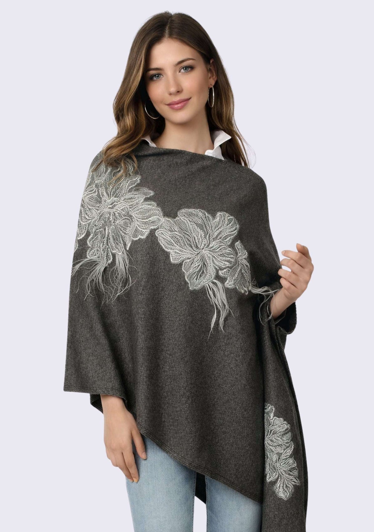 Charcoal Melange Wool Poncho Lt. Gray Embroidery & Feather Applique