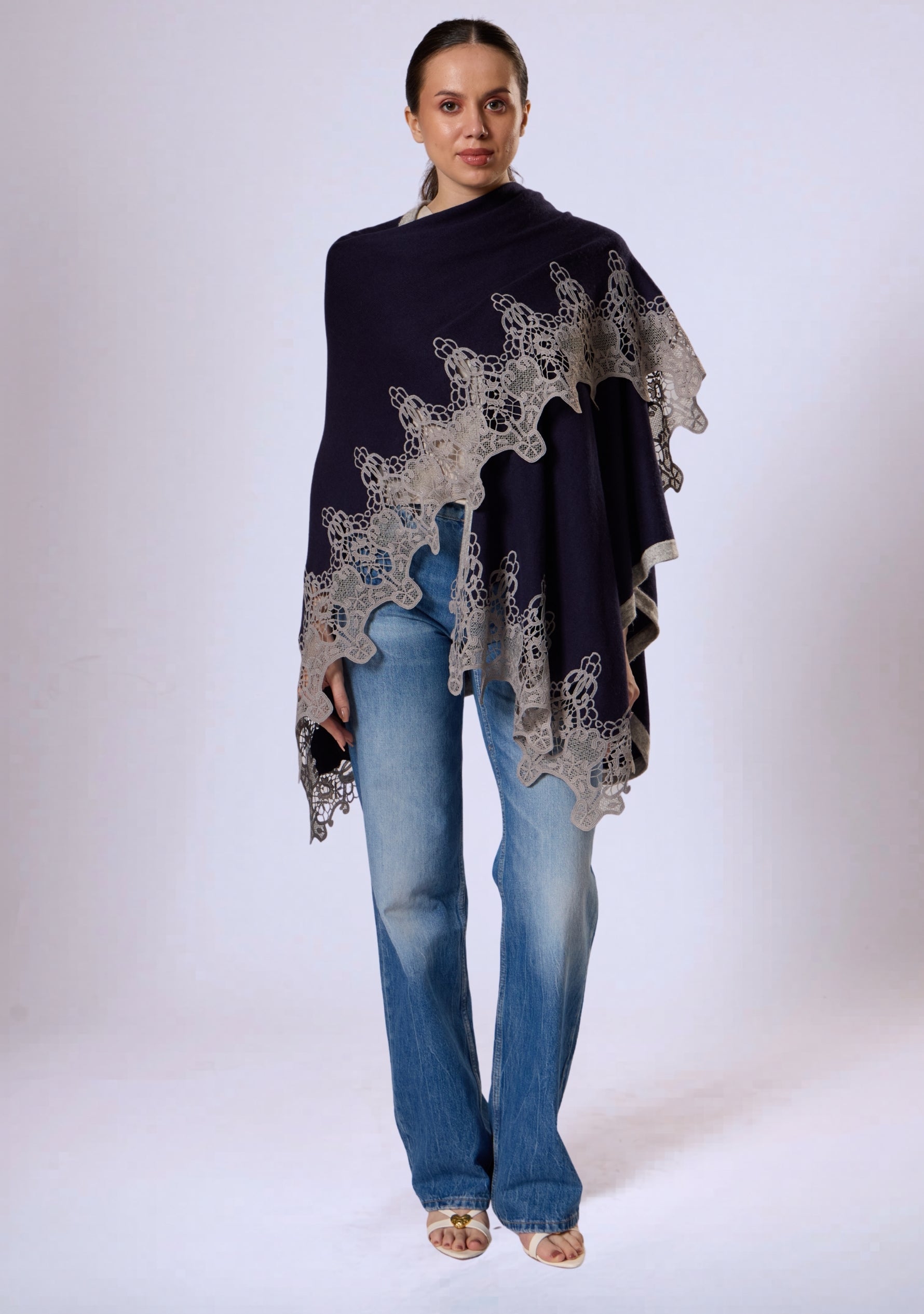 Navy Blue Wool Cape Lt. Gray Lace