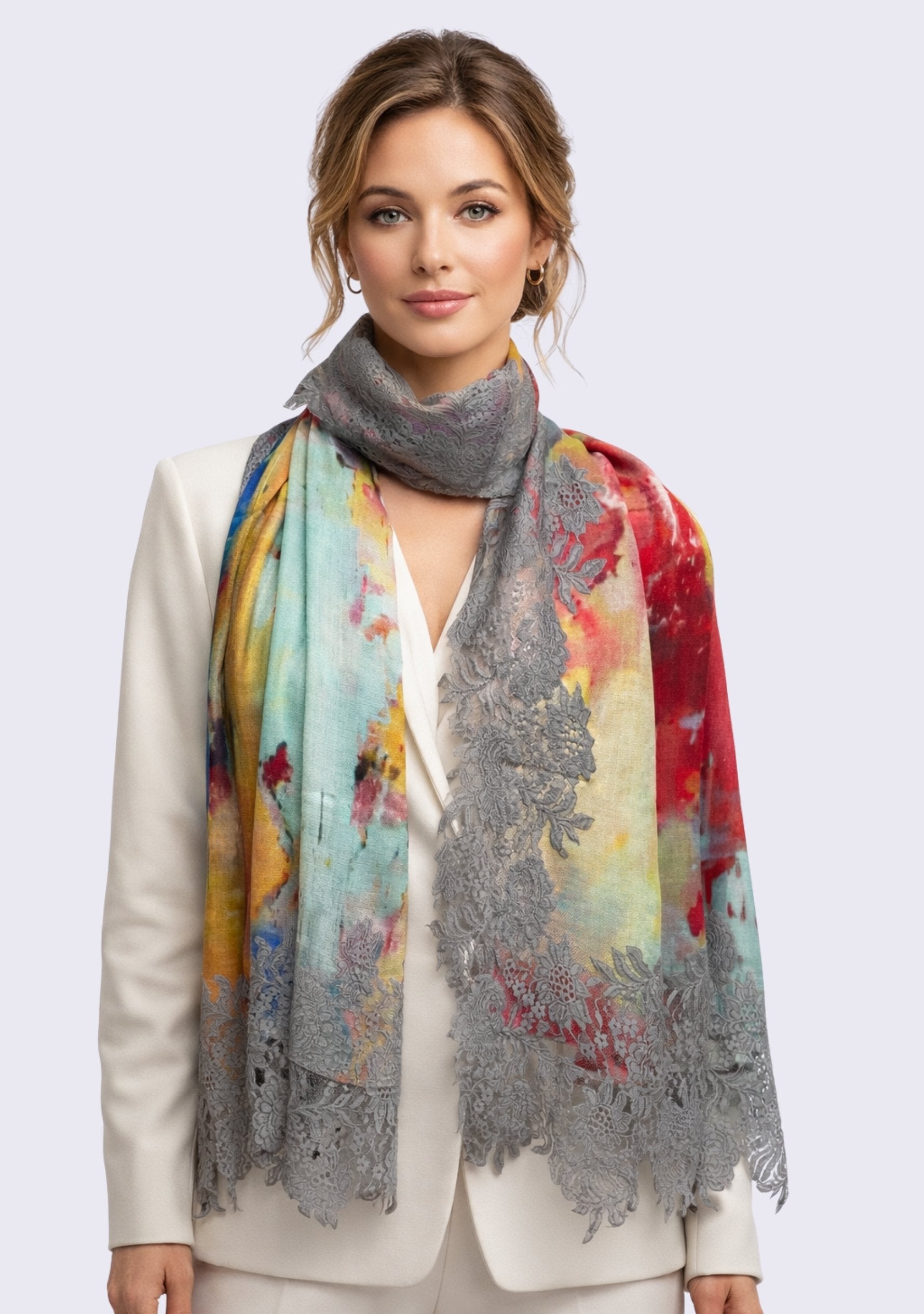 Abstract Multi-colored Print Wool & Silk Scarf Mousse Lace