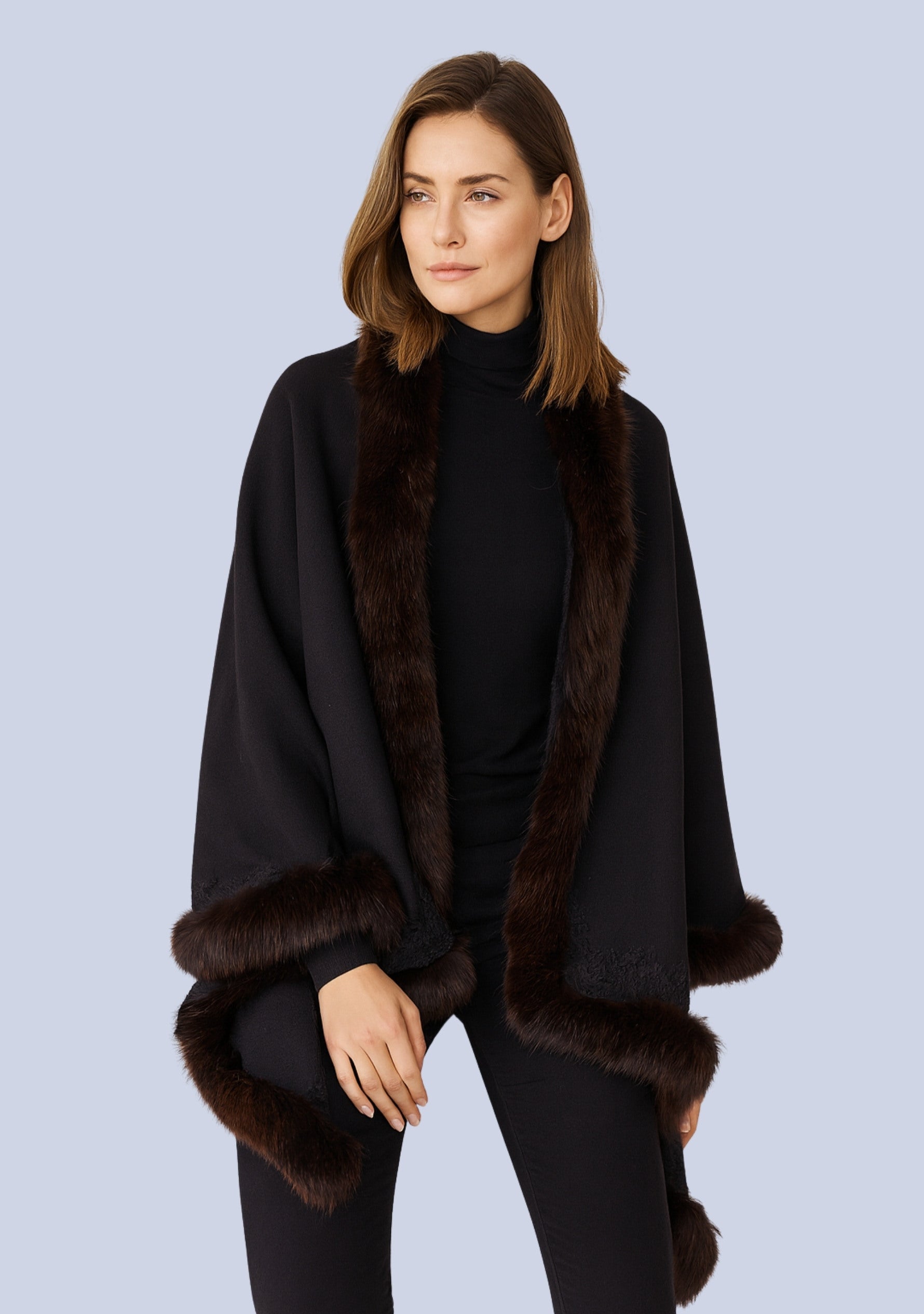 Black Cashmere Stole Brown Fox Fur & Black Floral Lace