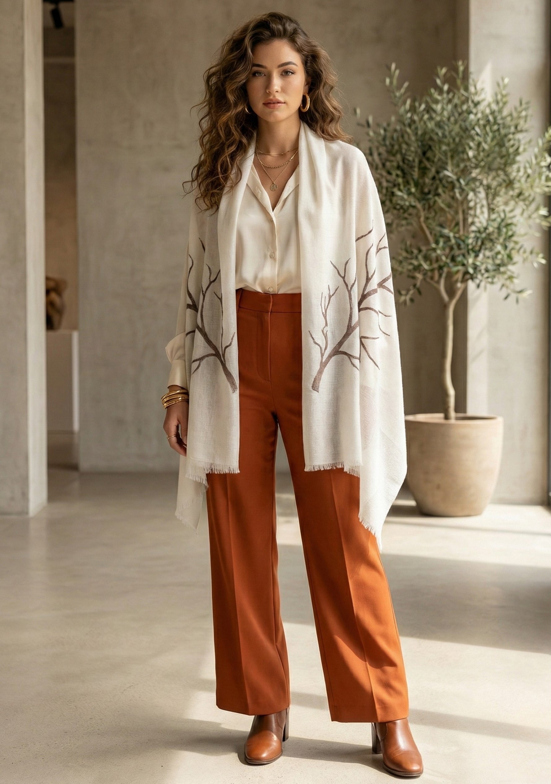 Ivory Cashmere Scarf
Taupe Embroidery