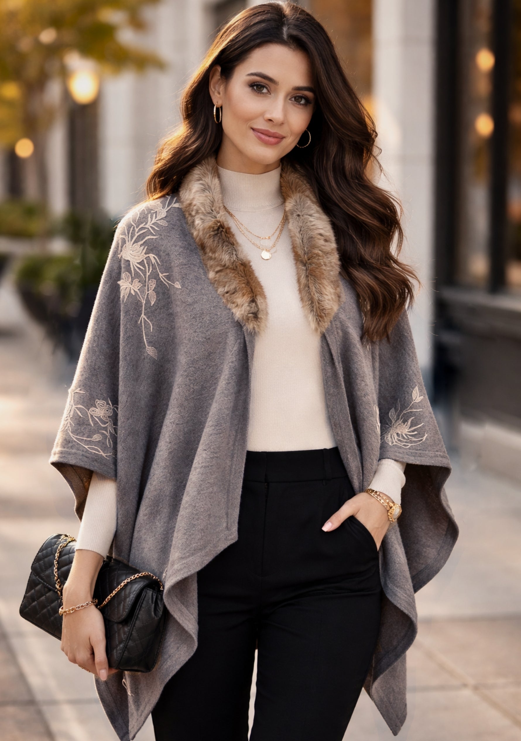 Khaki Melange Wool Cape Beige Embroidery & Natural Fur