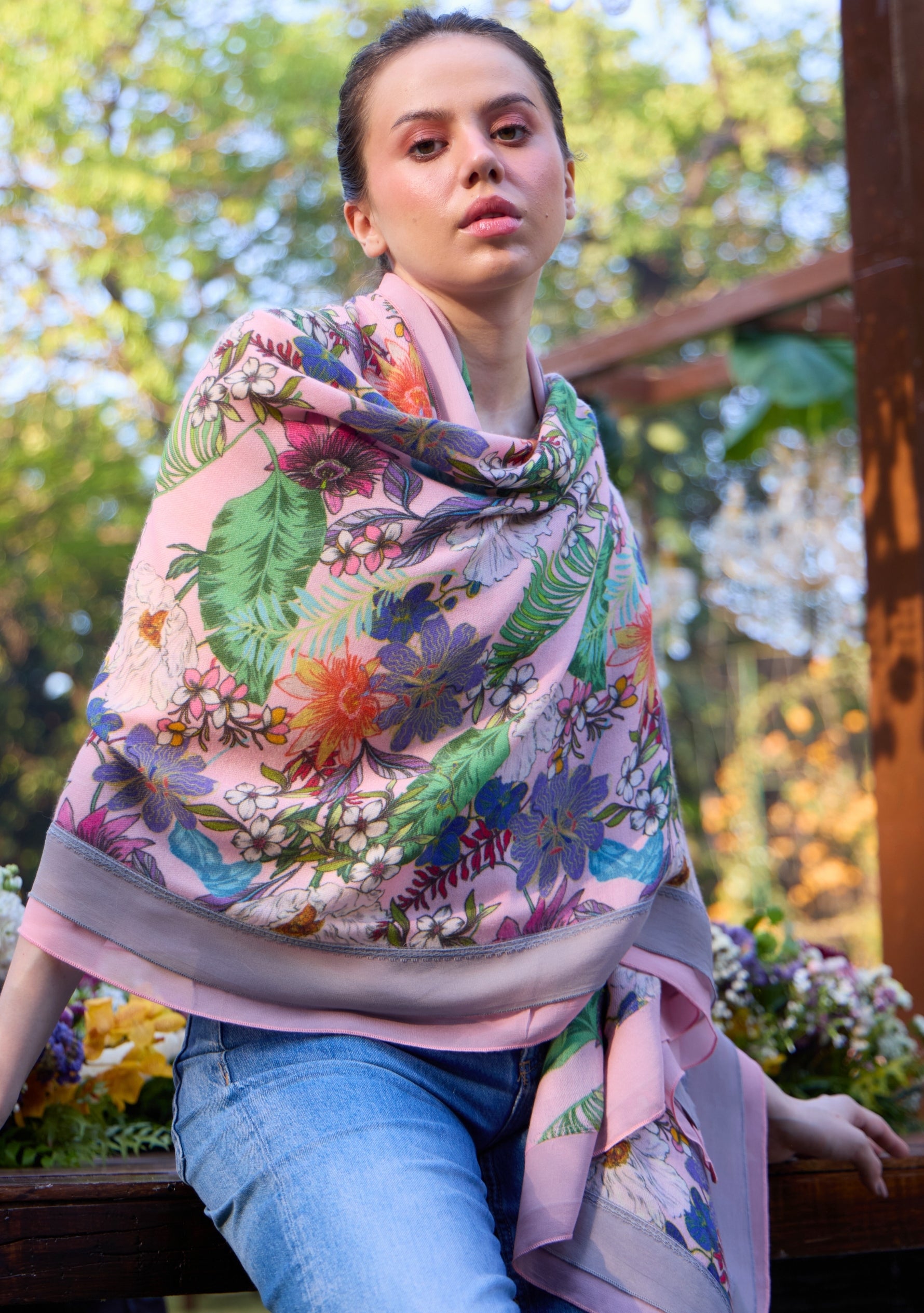 Pink Botanical Print Wool & Silk Scarf Pink & Mousse Double Georgette Border