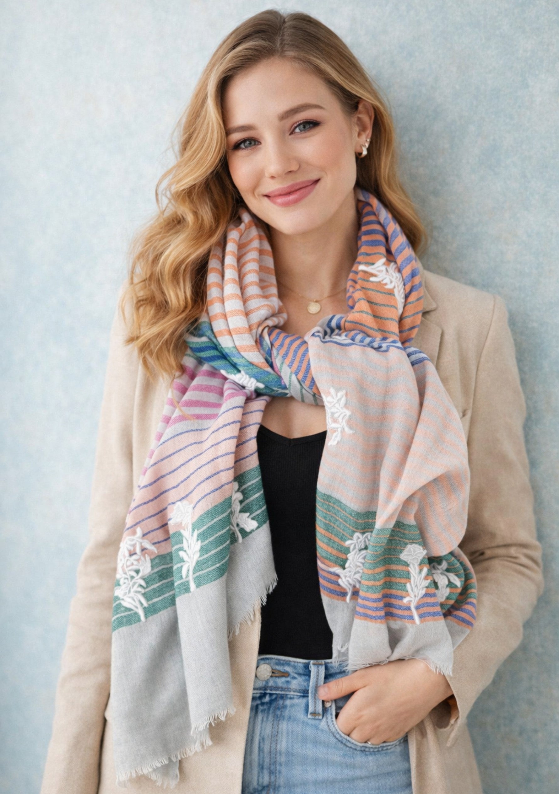 Multi-Striped Wool & Silk ScarfIvory Applique