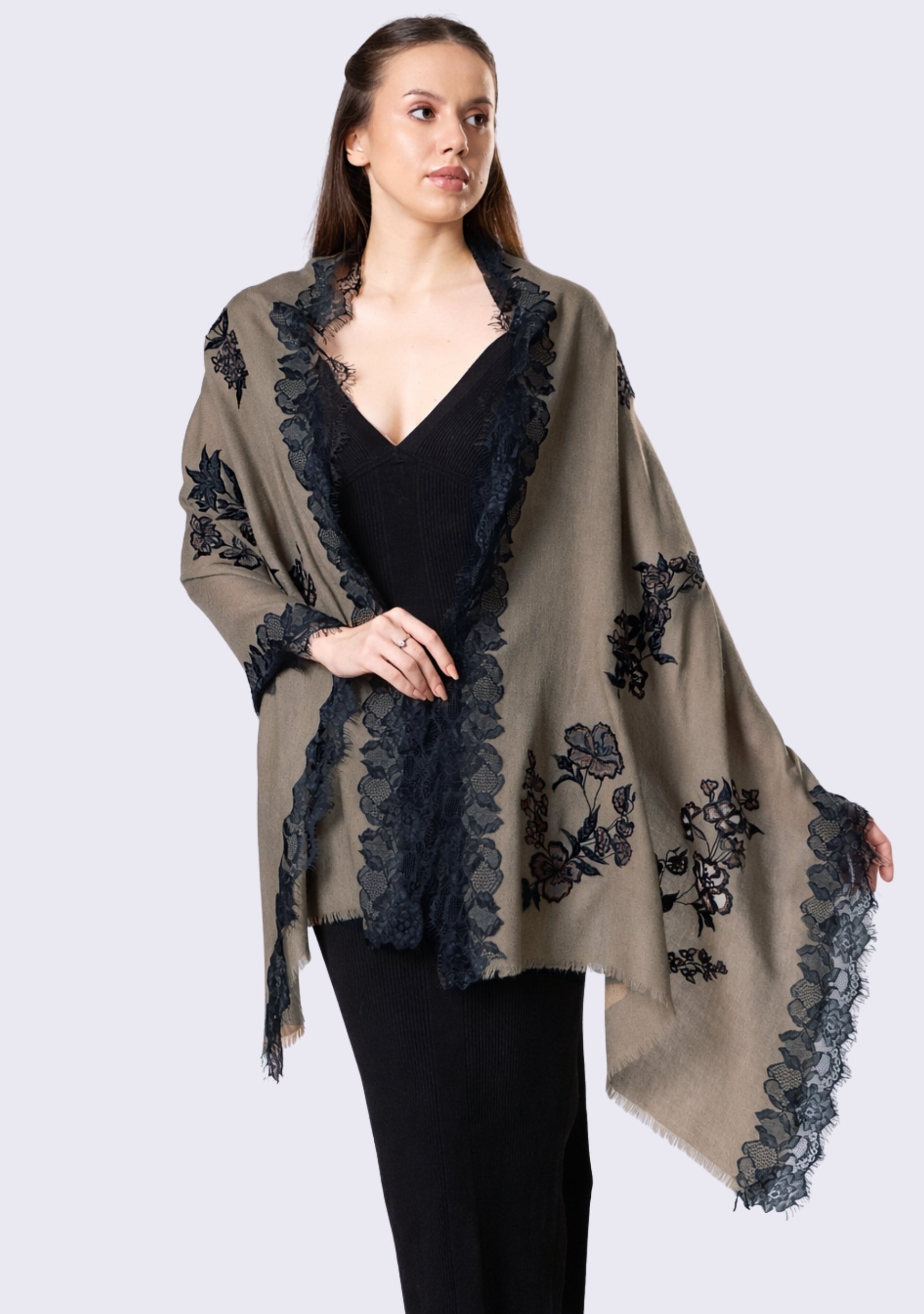 Taupe Cashmere Scarf Black & Taupe Floral Embroidery & Black Filigree Lace