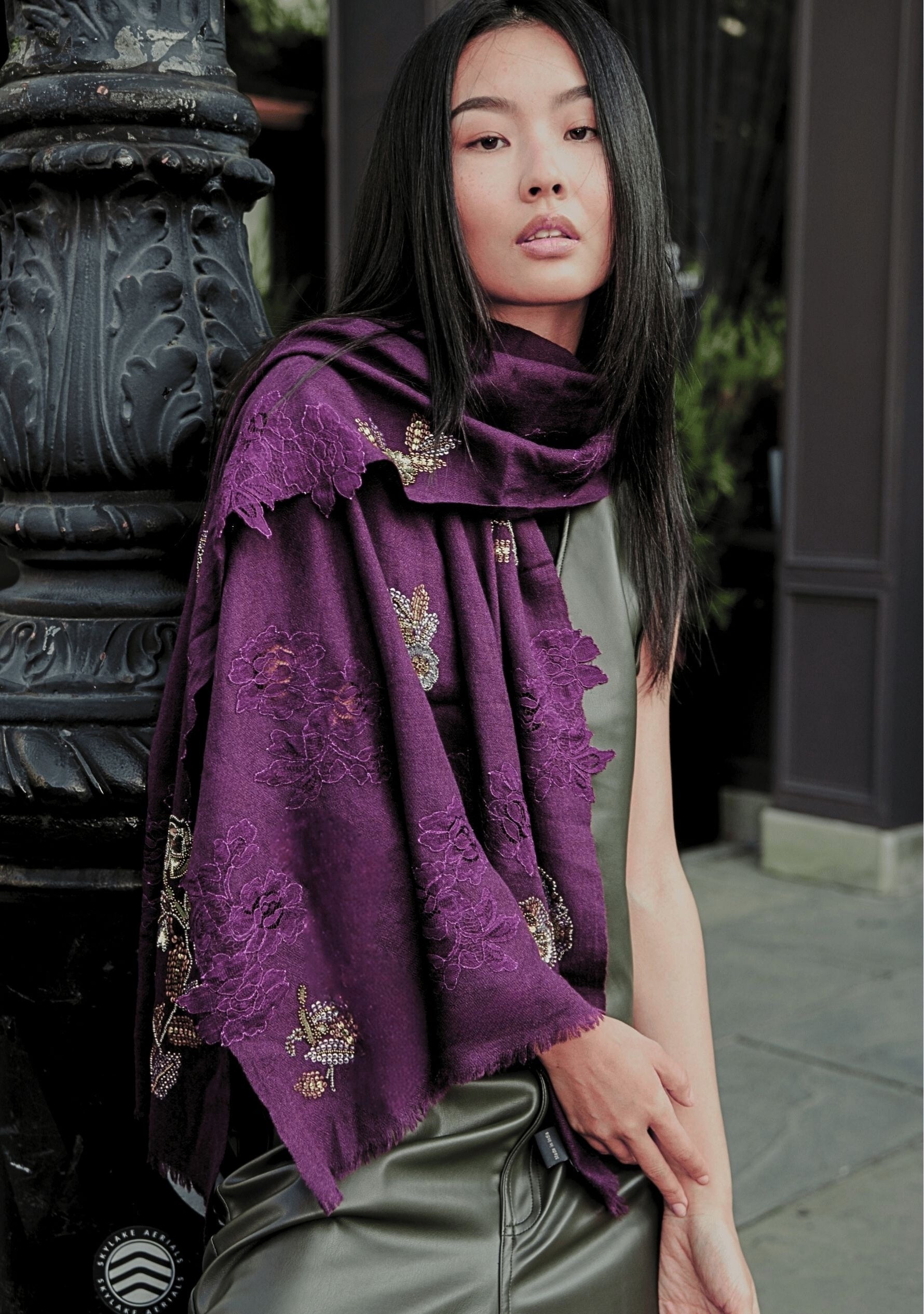 Plum Cashmere Scarf Metallic Hand-Embroidery & Plum Lace