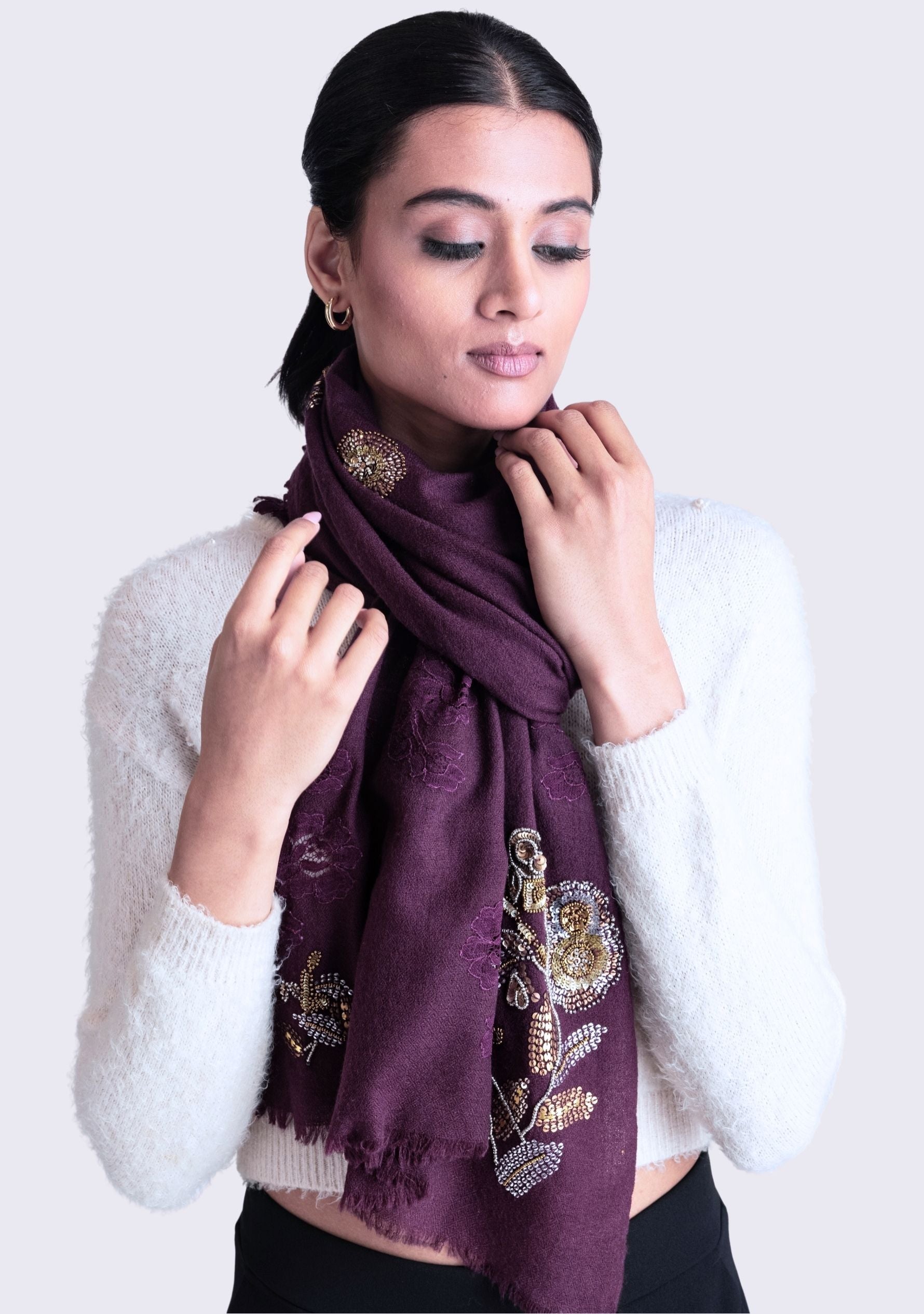 Plum Cashmere Scarf Metallic Hand-Embroidery & Plum Lace
