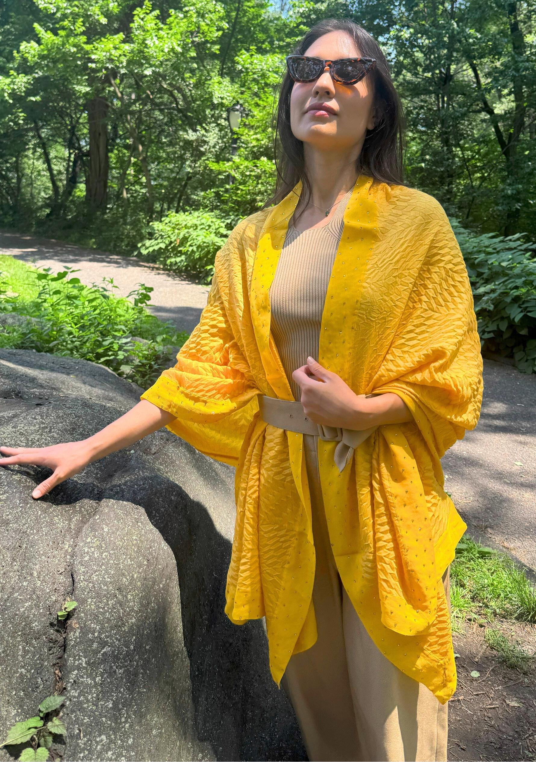 Butterscotch Pleated Wool & Silk Scarf Crystal Border