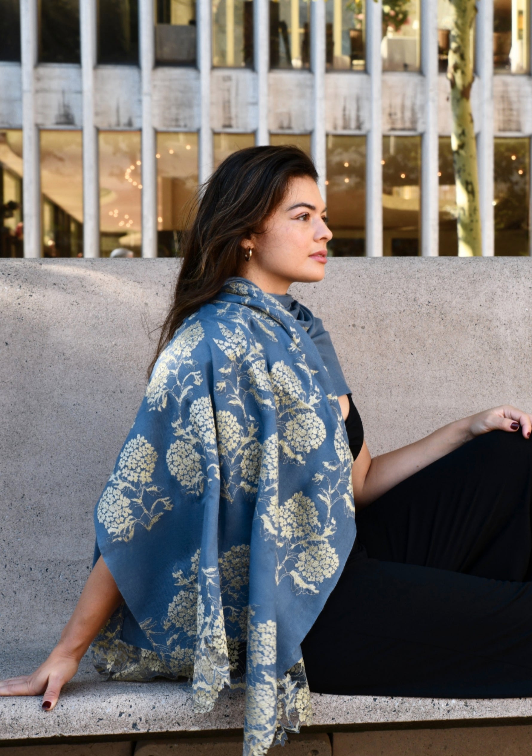 Denim Blue Wool & Silk Scarf Gold Lace