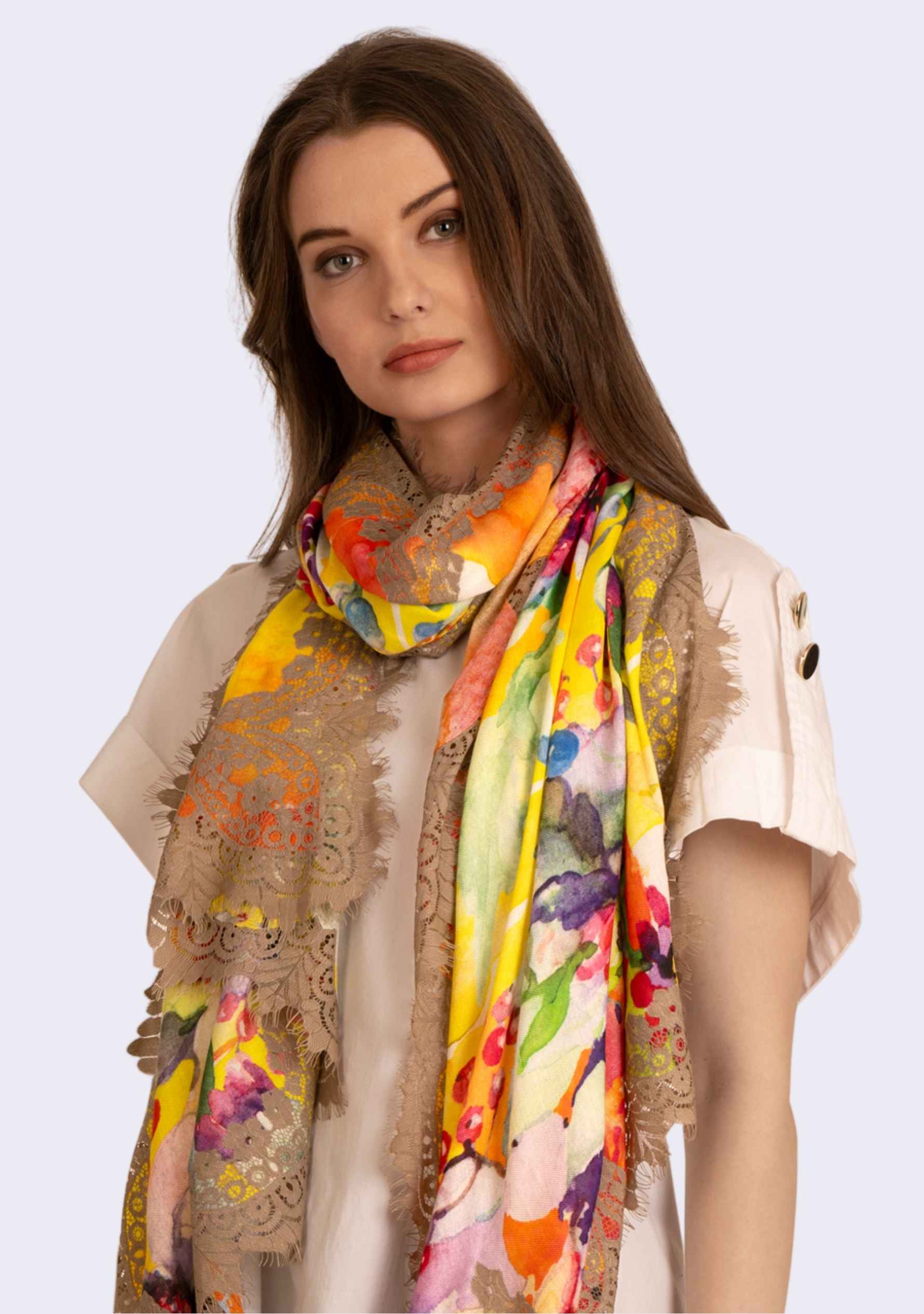 Yellow Print Modal & Cashmere Scarf
Taupe Lace