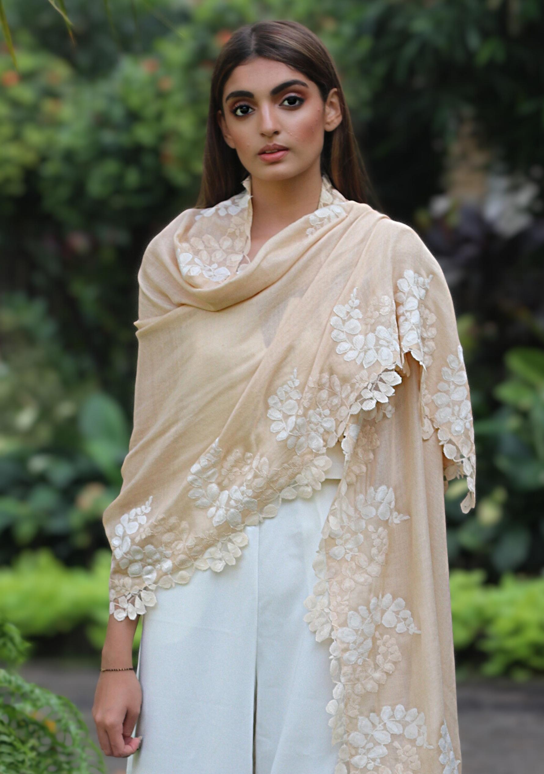 Beige Silk & Wool Scarf Beige & Ivory Lace