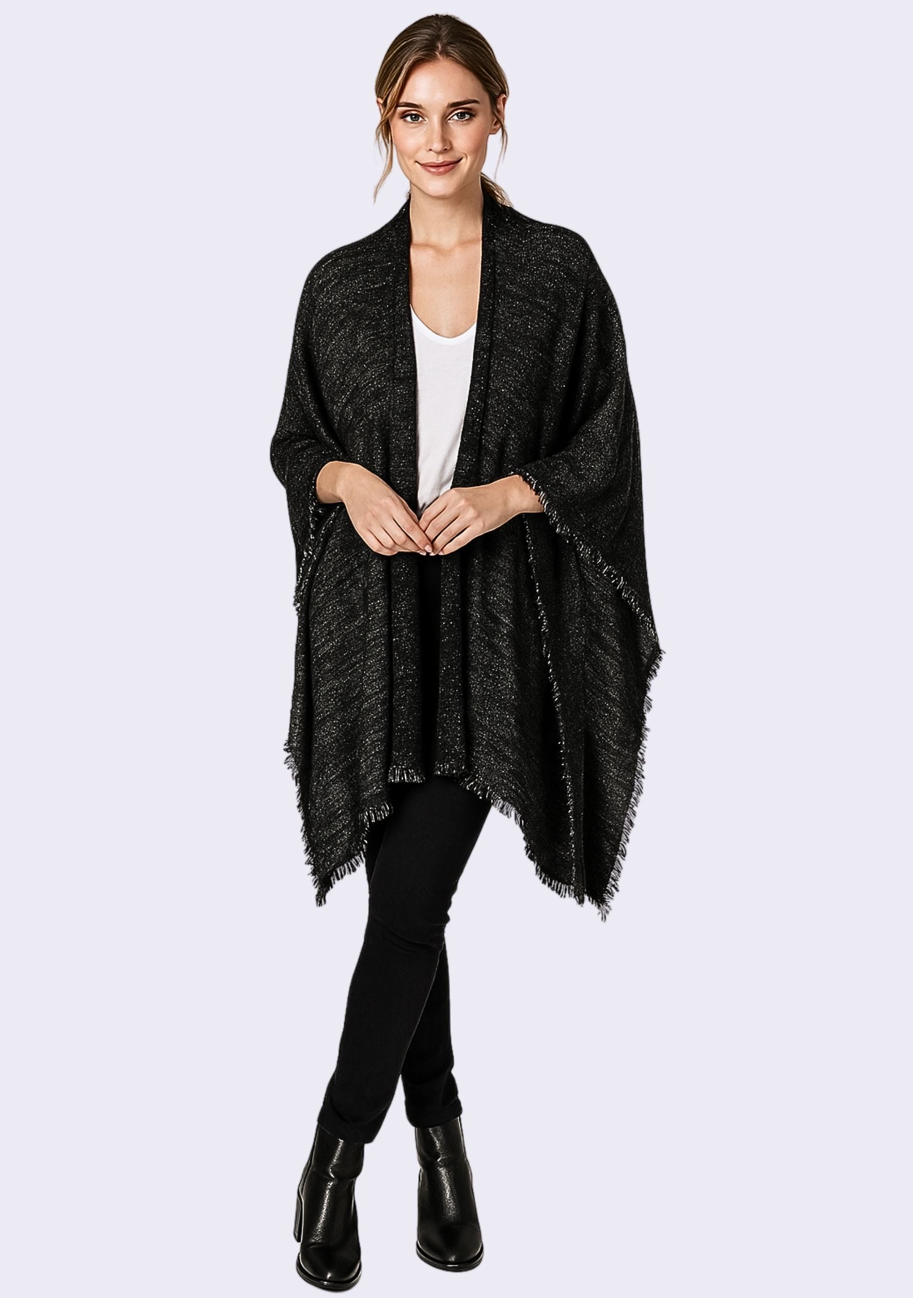 Black Knitted Fine Wool & Cashmere Wrap Silver Lurex