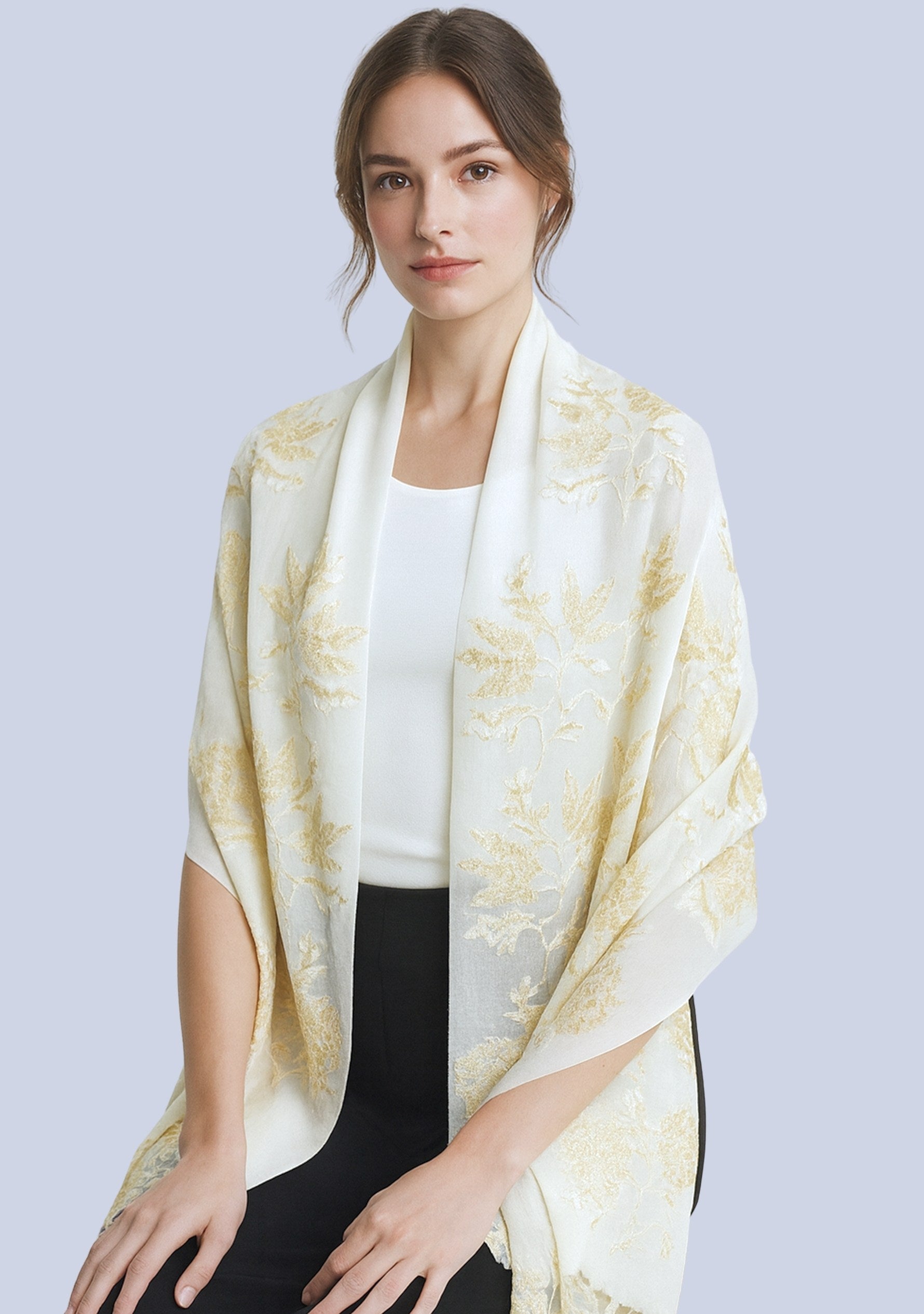 Ivory Wool & Silk Scarf Gold Lace