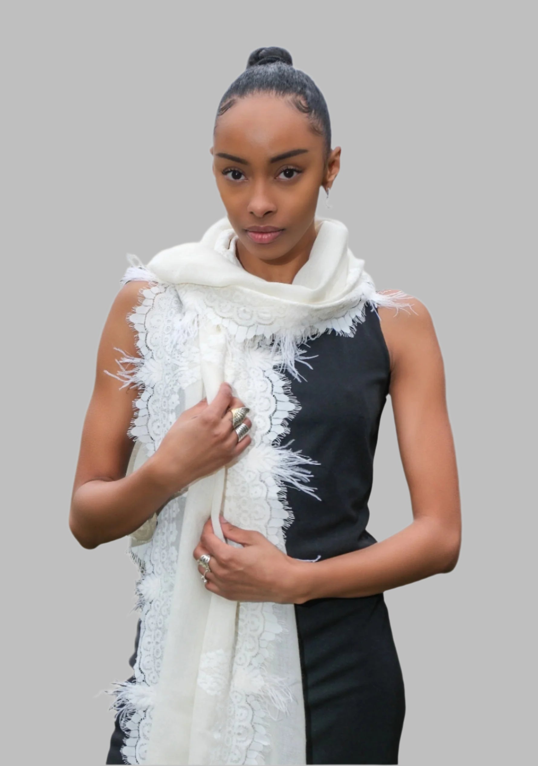 Ivory Cashmere Scarf
Ivory Lace & Feathers