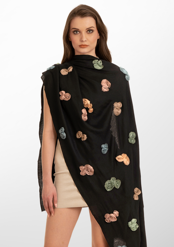 Black Cashmere Scarf with Multi Colored Ribbon Roses
