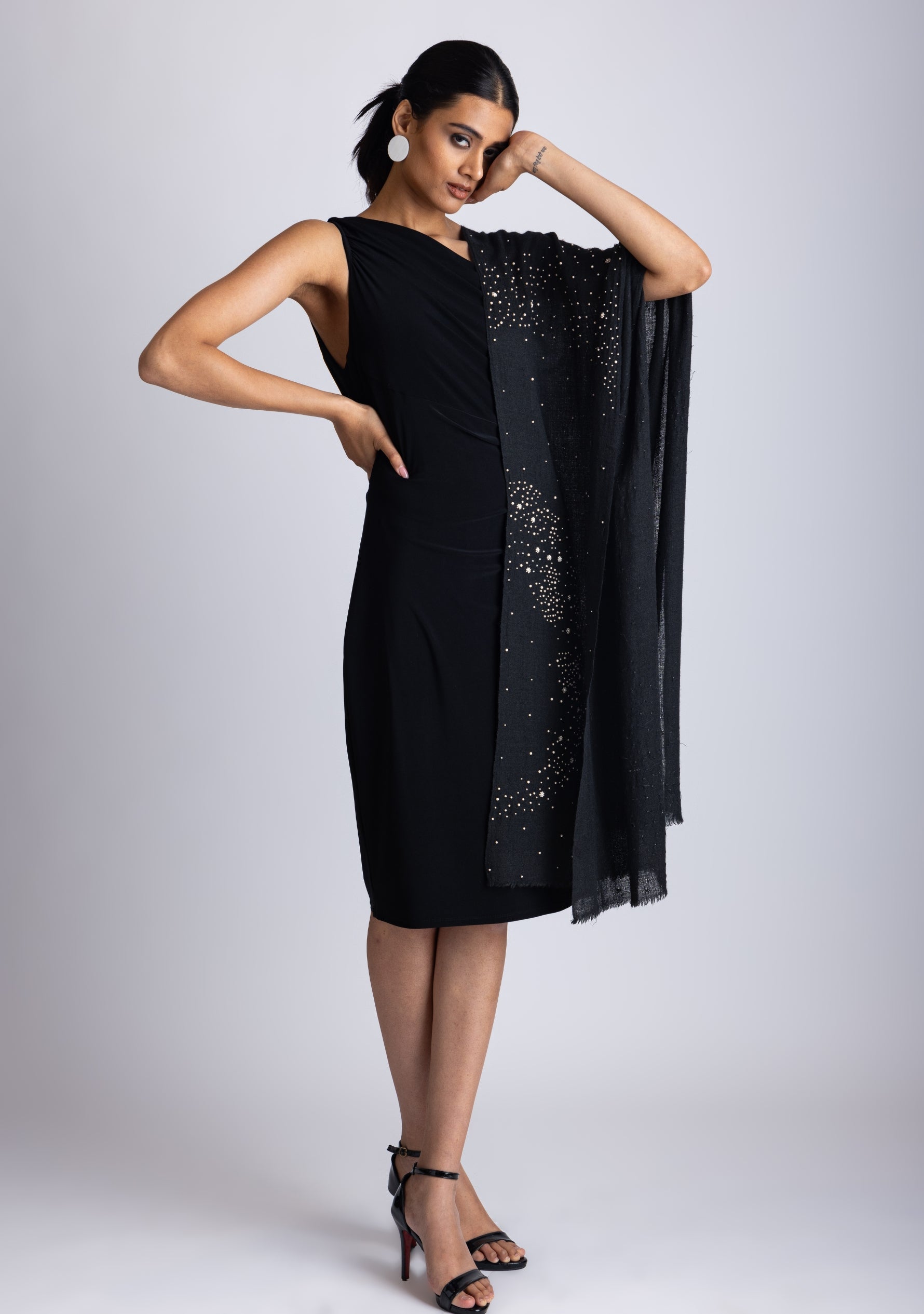 Black Cashmere Scarf 
Ivory Pearls