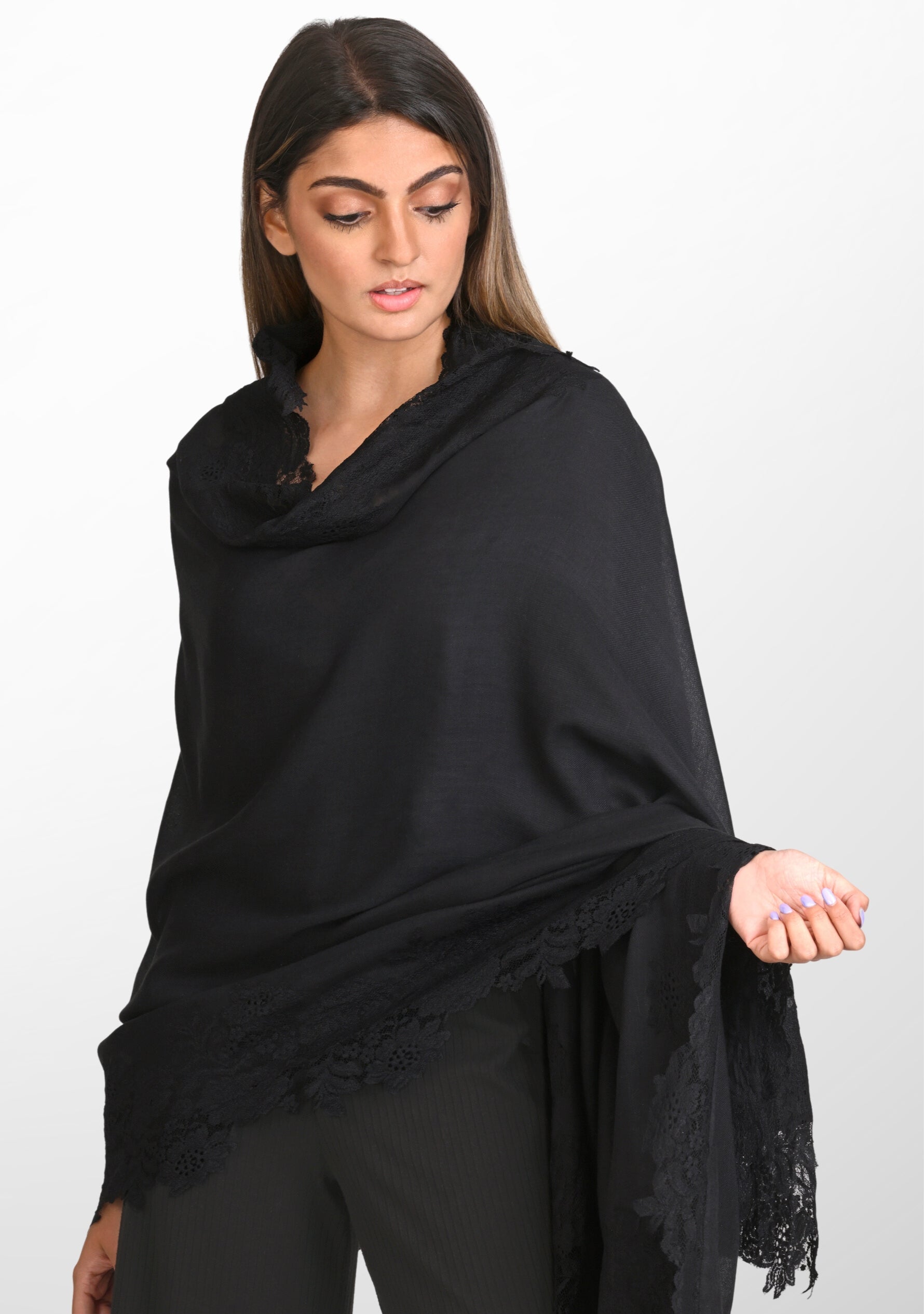 Black Wool Silk Scarf Black Lace