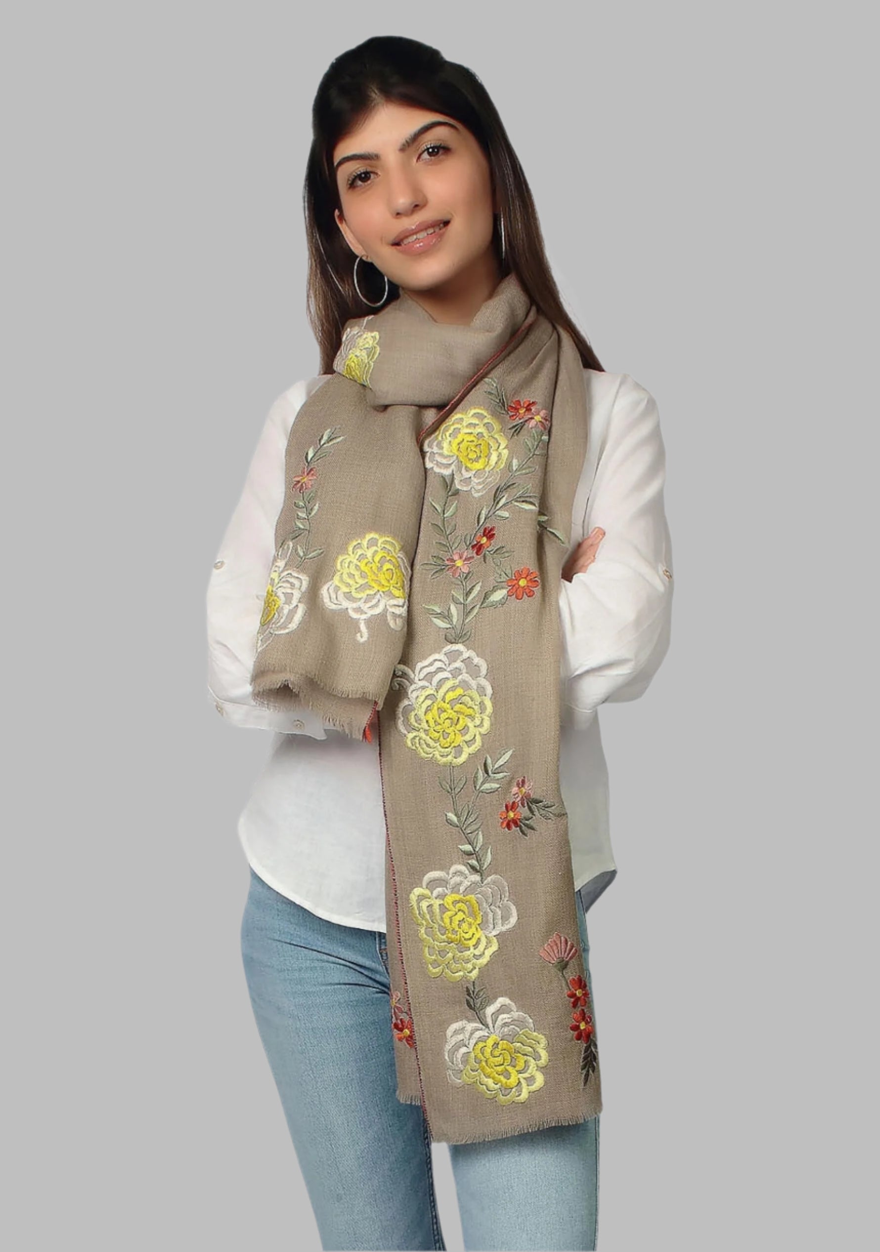 Natural Melange Wool & Silk Scarf
Multi-colored Embroidery