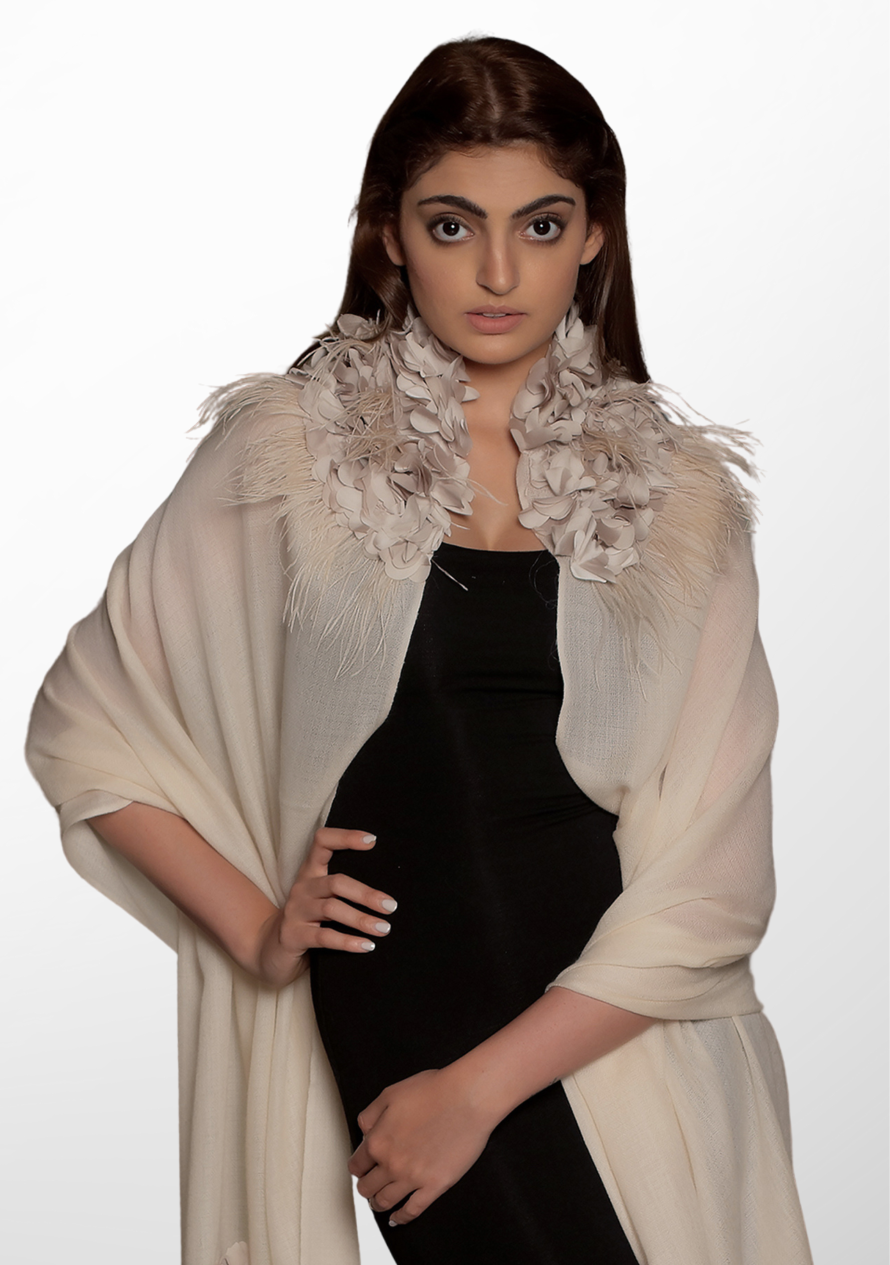 Beige Cashmere Scarf with a Beige Feather and Beige Satin Leaf