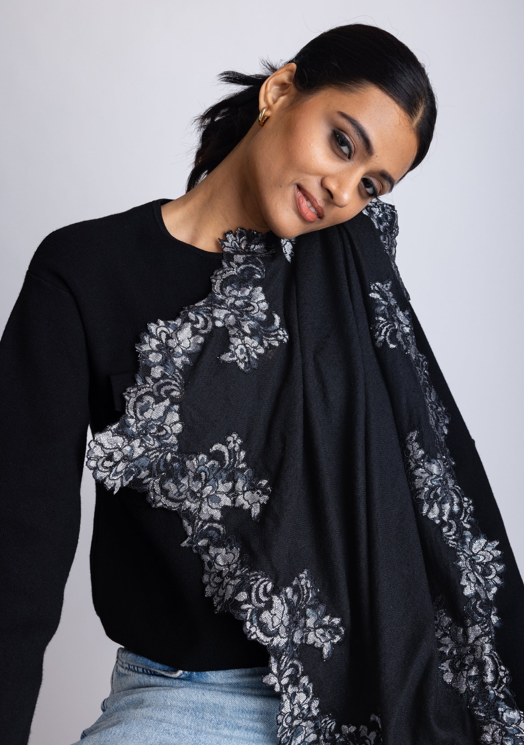 Black Cashmere Scarf 
Black & Silver Lace