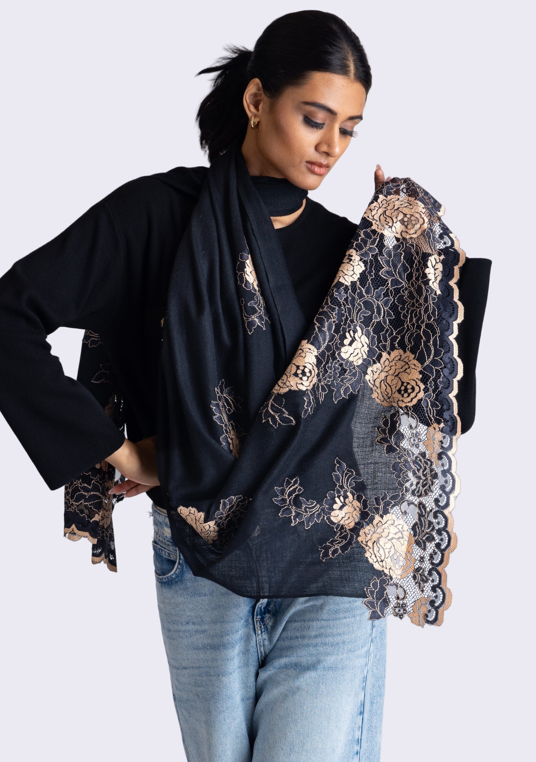 Black Cashmere Scarf
Black & Nude Lace