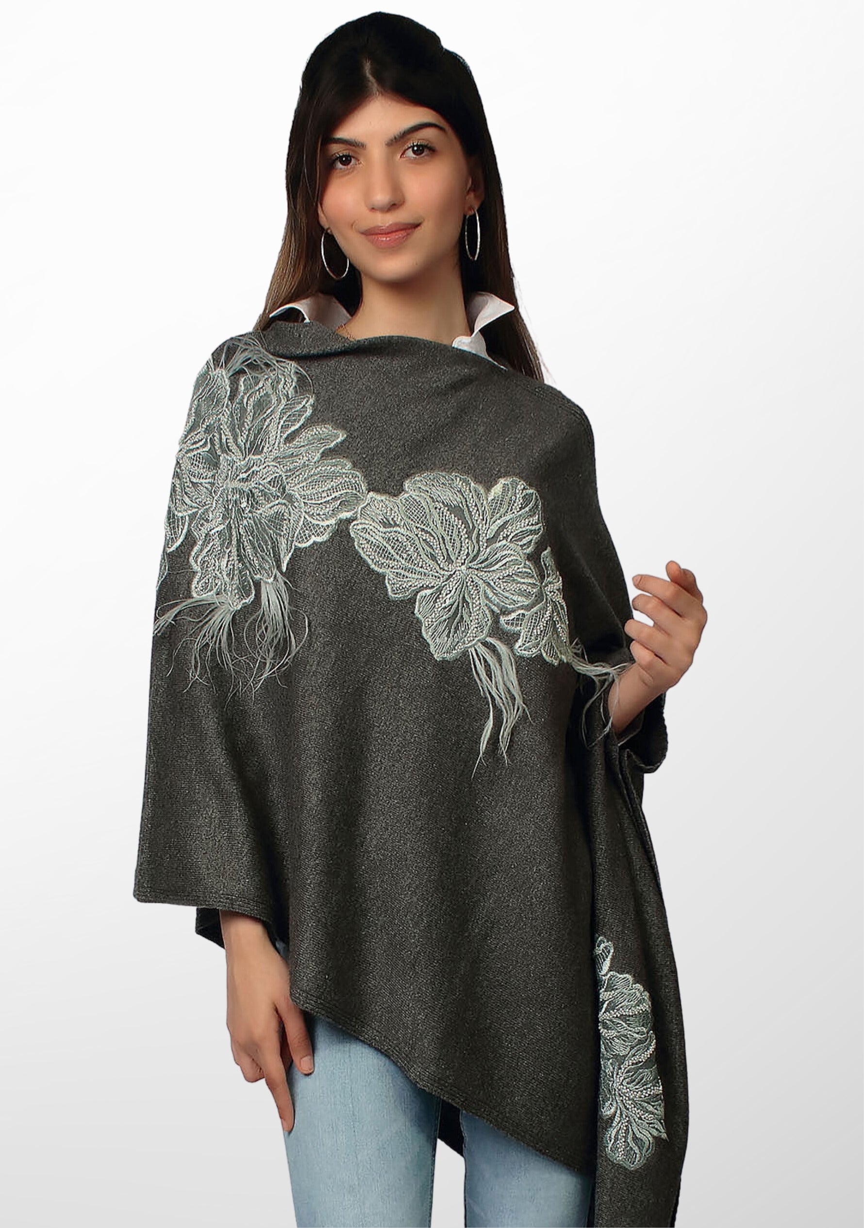 Charcoal Melange Wool Poncho Lt. Gray Embroidery & Feather Appliqués