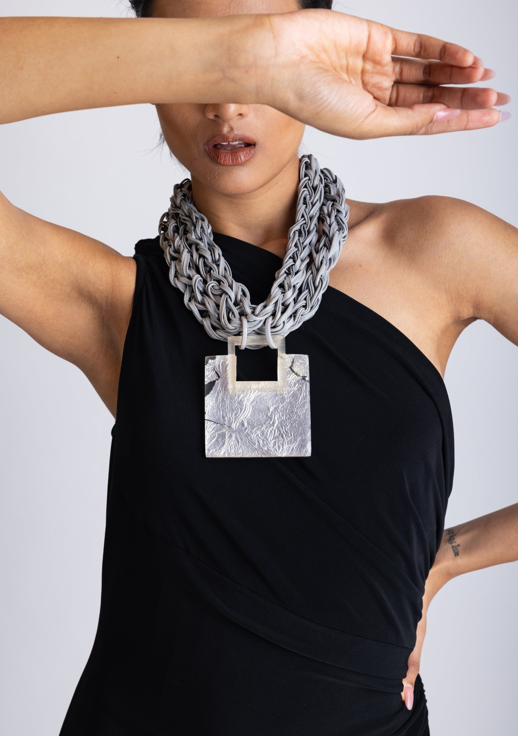 Braided Gray Cord with a Square Silver Resin Pendant Necklace