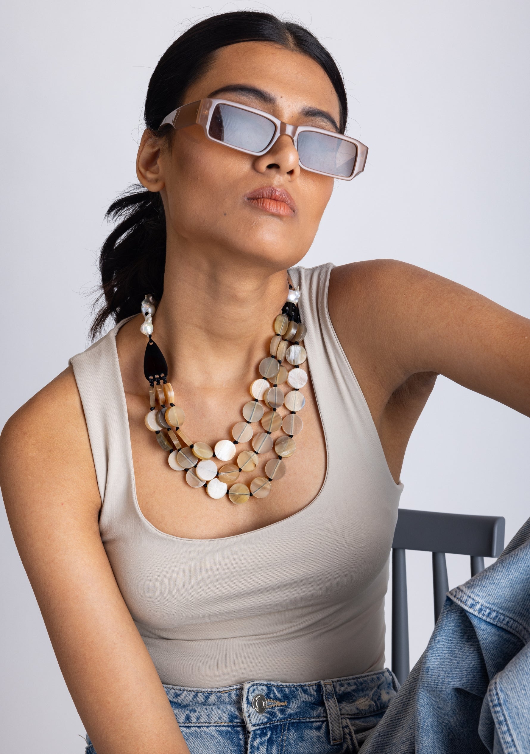 3-Layer Natural Buffalo Horn Disk Necklace with Black Buffalo Horn Beads & White Baroque Pearls