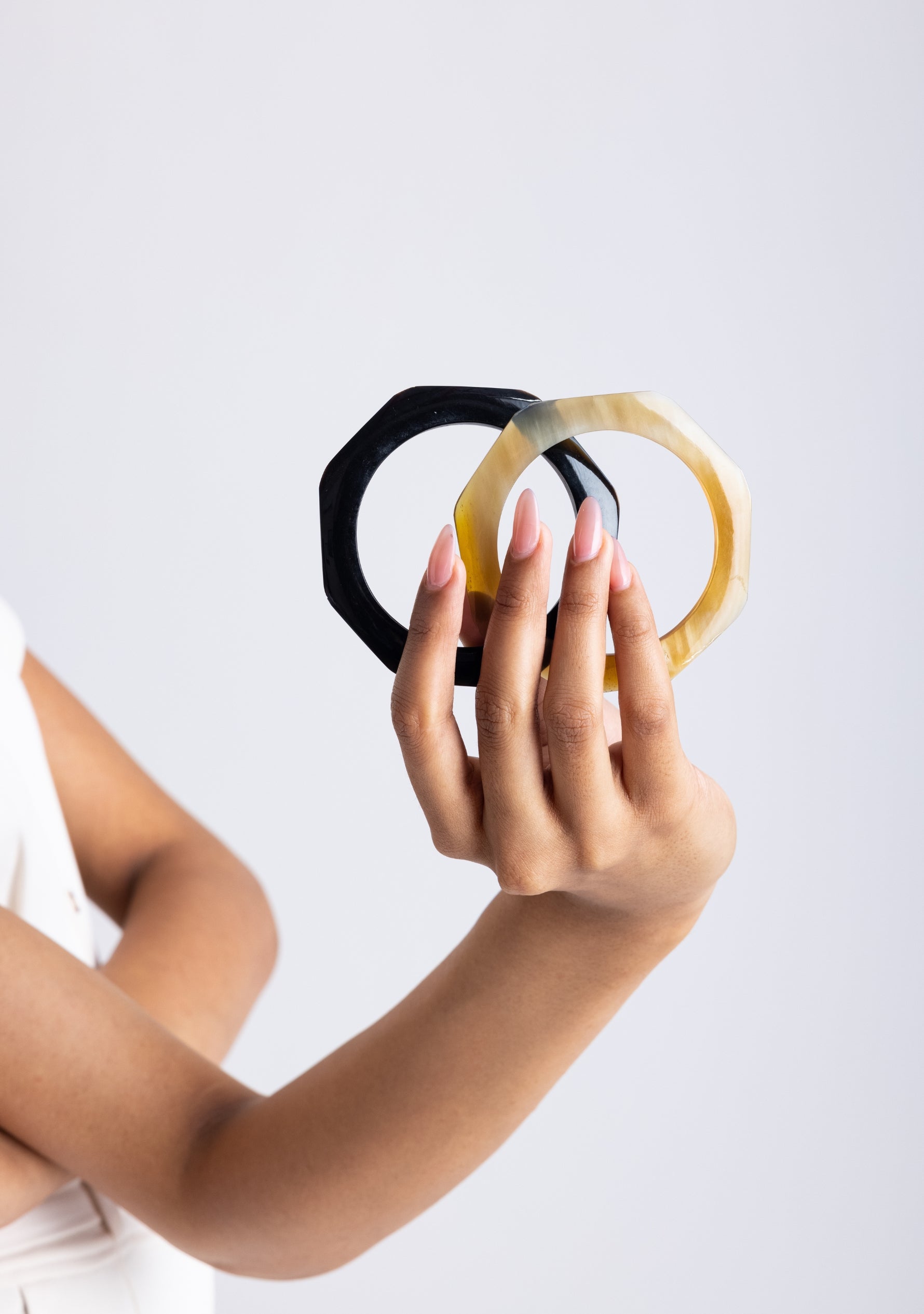 Hexagon Natural & Black Buffalo Horn Bangles (Set of 2)