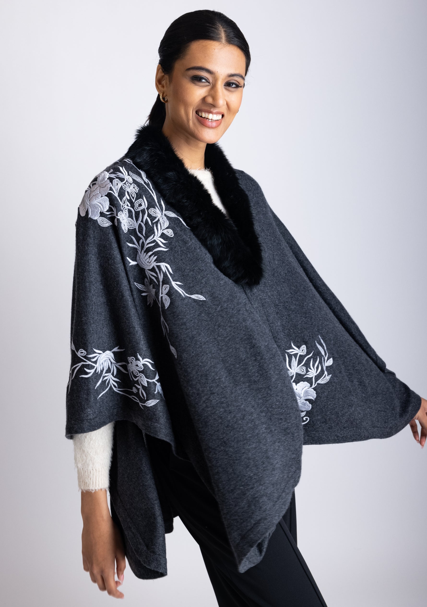 Charcoal Melange Wool Cape Lt. Gray Embroidery & Black Fur