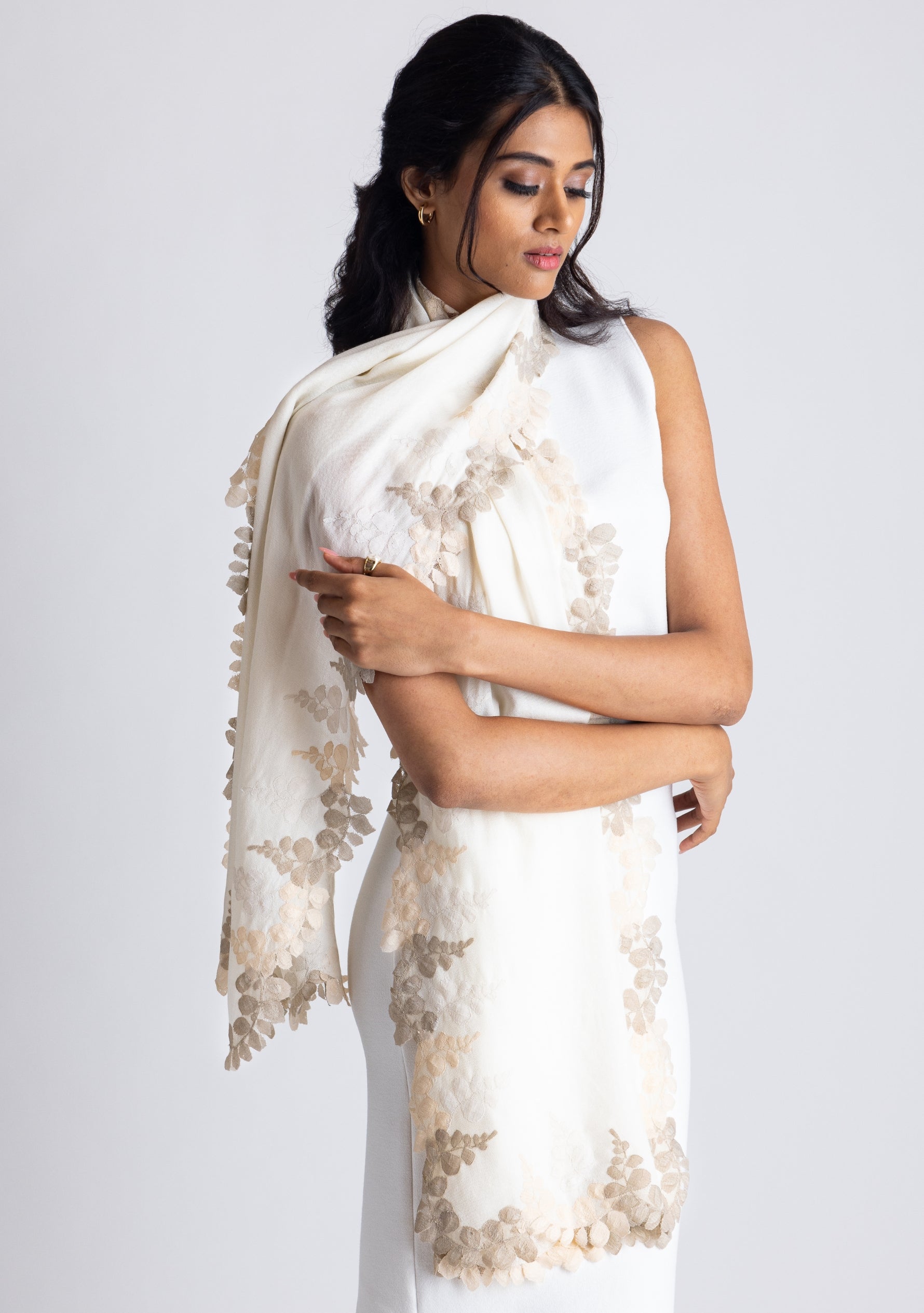 Ivory Wool & Silk Scarf Beige, Natural & Alabaster Lace