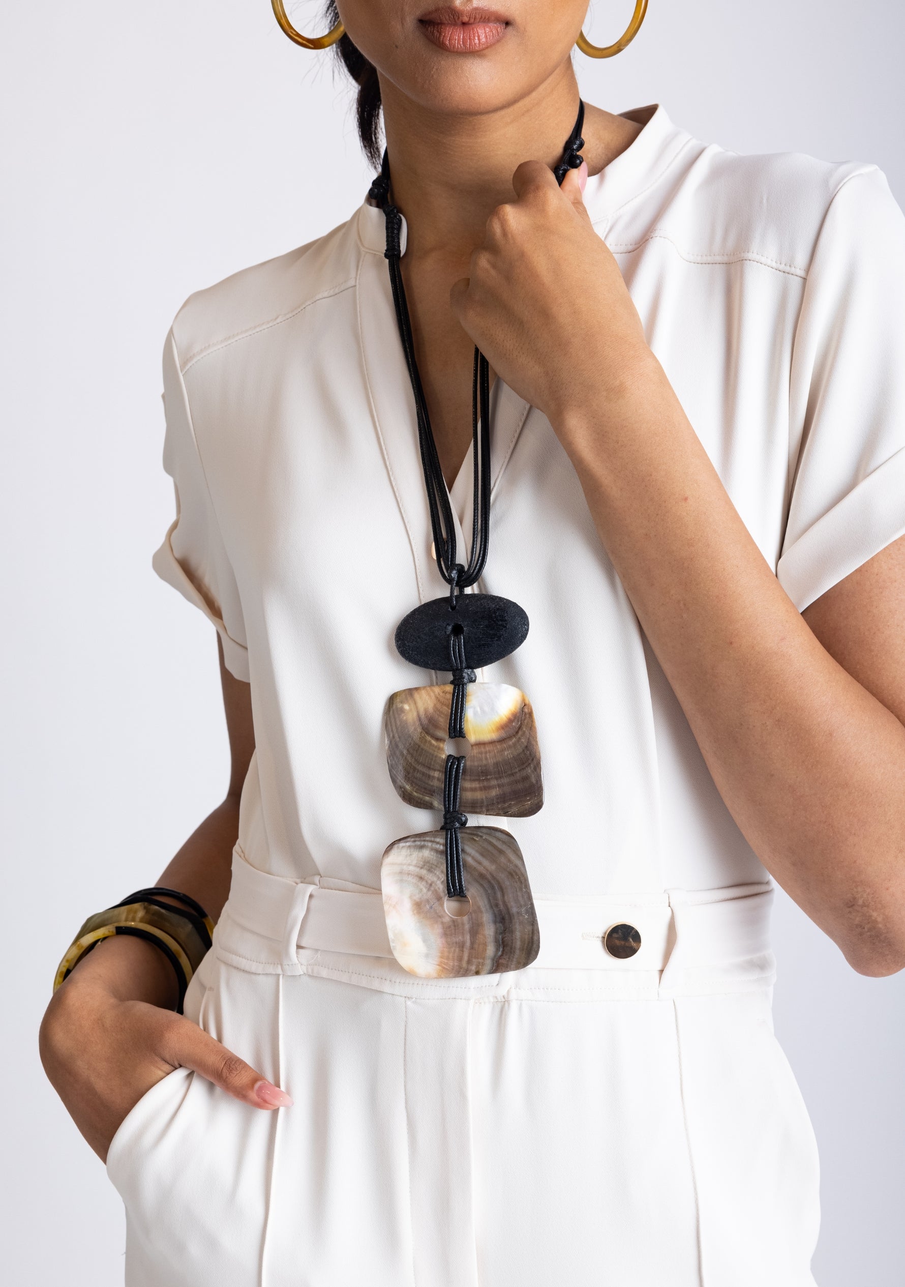 Black Cord with Black Wood & Natural Shell Pendant Necklace