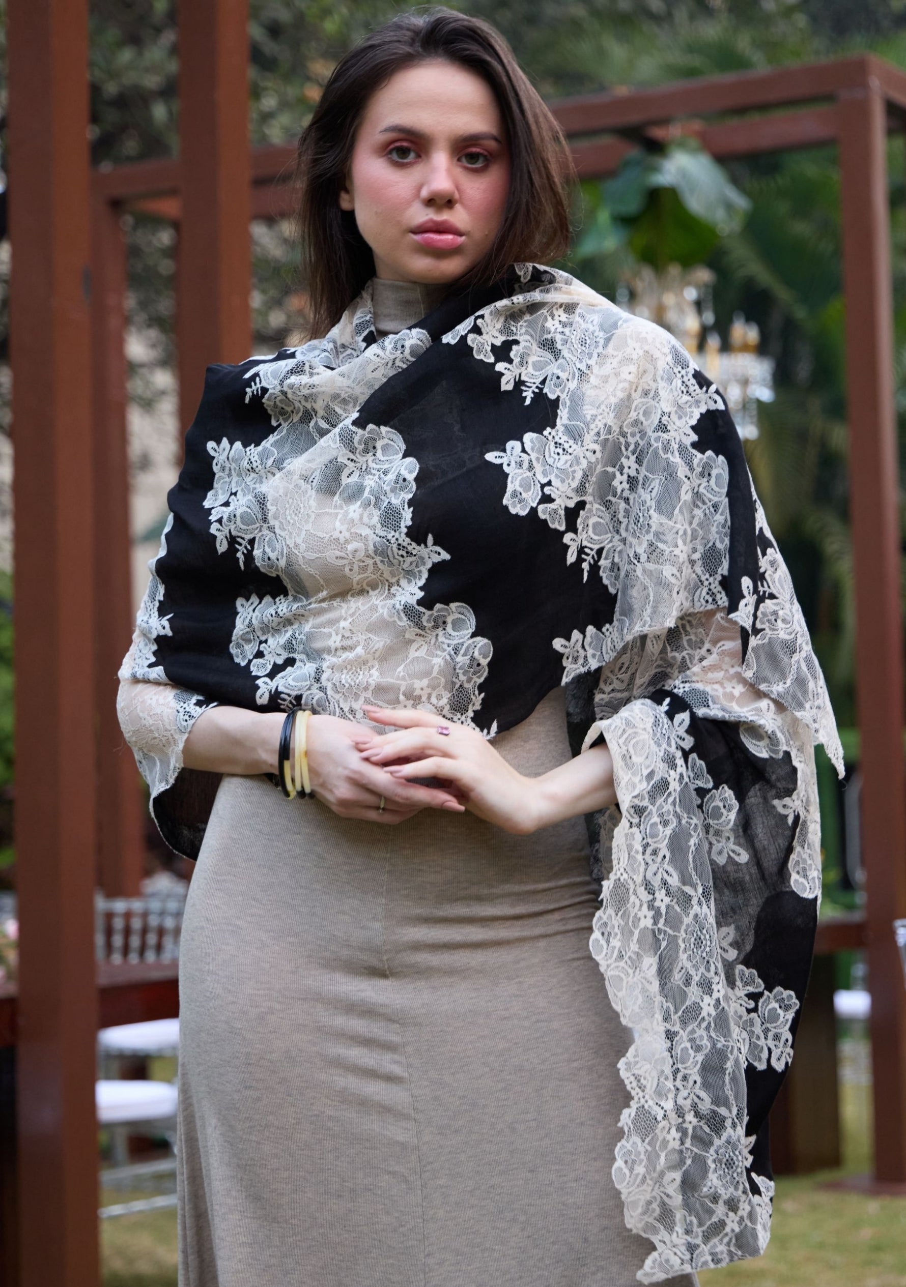 Black Linen & Modal Scarf and Round Resin Bangles (Set of 4)