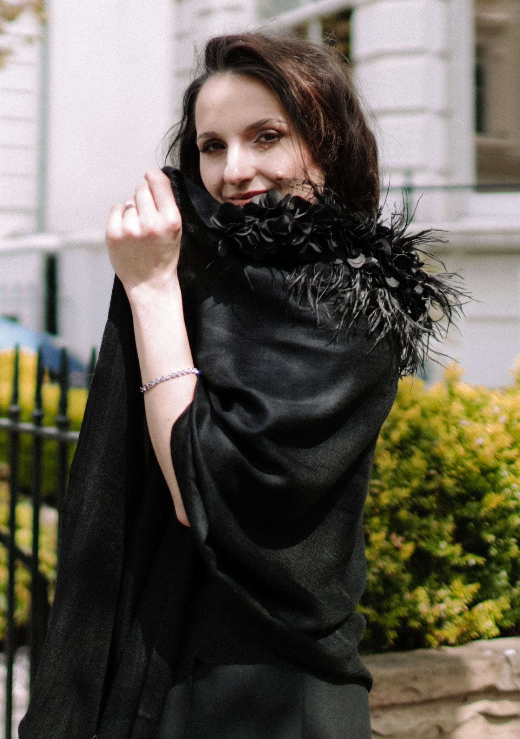 Black Cashmere Scarf
Black Feather & Satin Appliqués