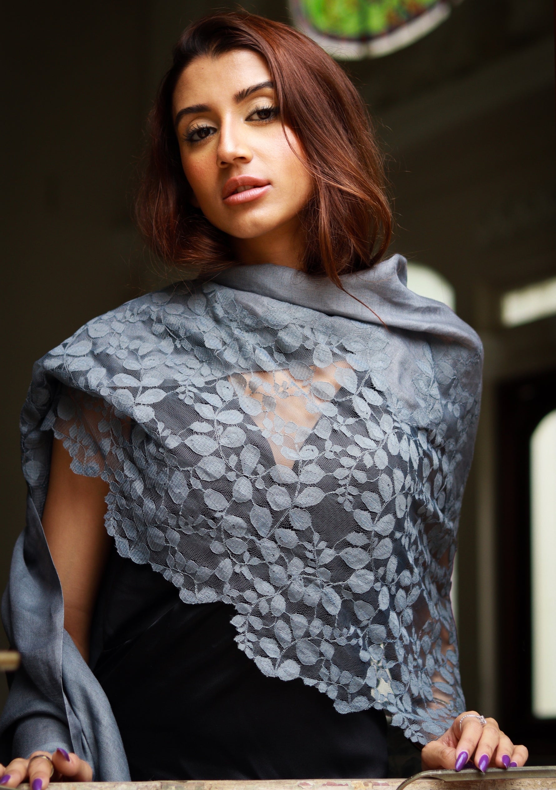 Gray Linen & Modal Scarf Gray Lace