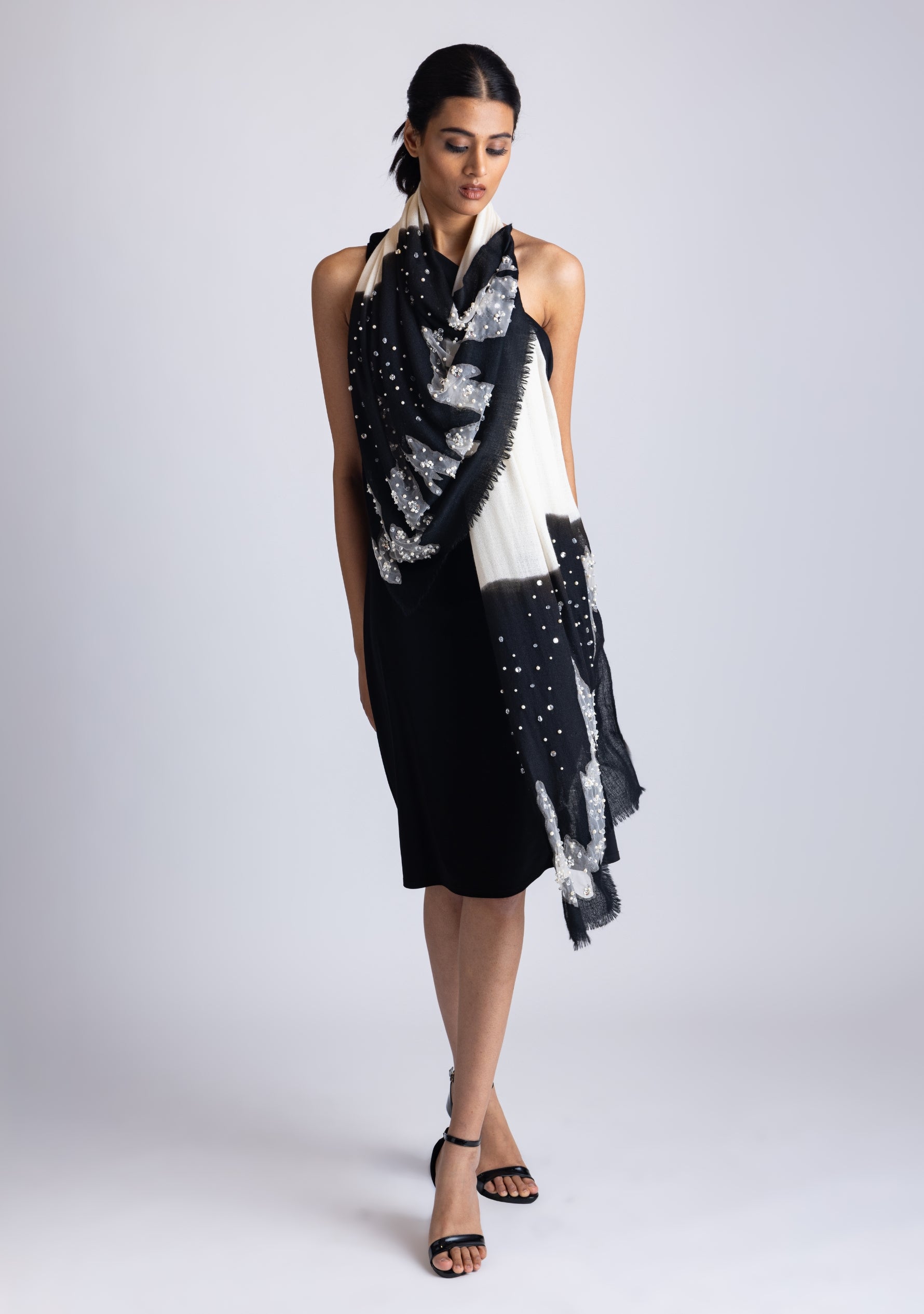 Black-Ivory Cashmere Scarf
Silver Rhinestones & White Pearls