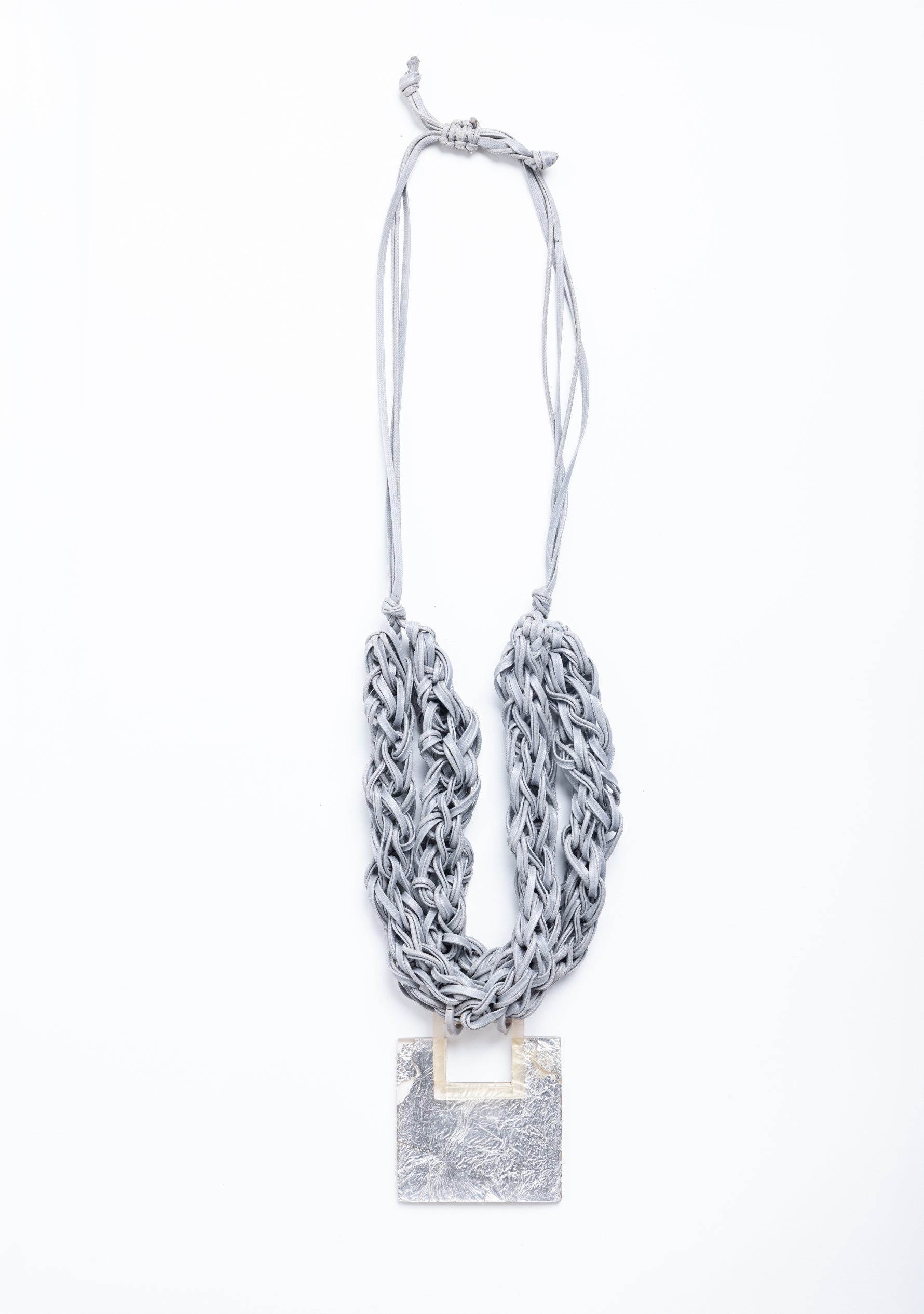Braided Gray Cord with a Square Silver Resin Pendant Necklace